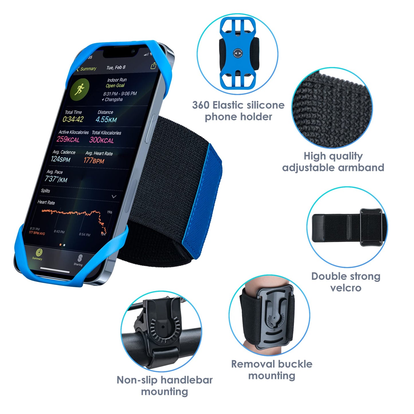 Cikyner Running Armband, 3 in 1 360° Rotatable & Detachable Sports/Bicycle Phone Holder for 4.5-7'' Smartphones, Ideal for Gym, Jogging, Hiking