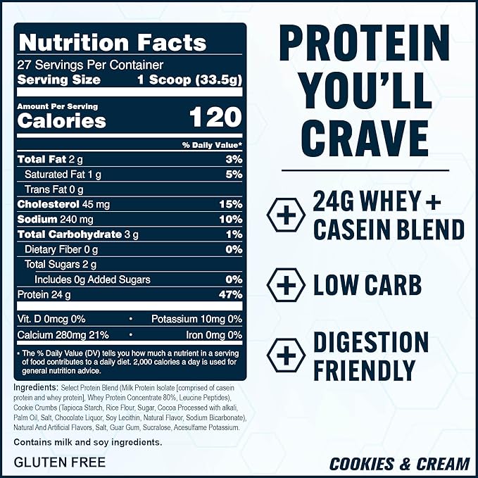 PEScience Select Protein Powder, Whey and Casein Blend, Clean Protein Powder for Women and Men, Low Calorie, Low Carb, Keto Friendly, Gluten Free - Cookies and Cream - 27 Servings