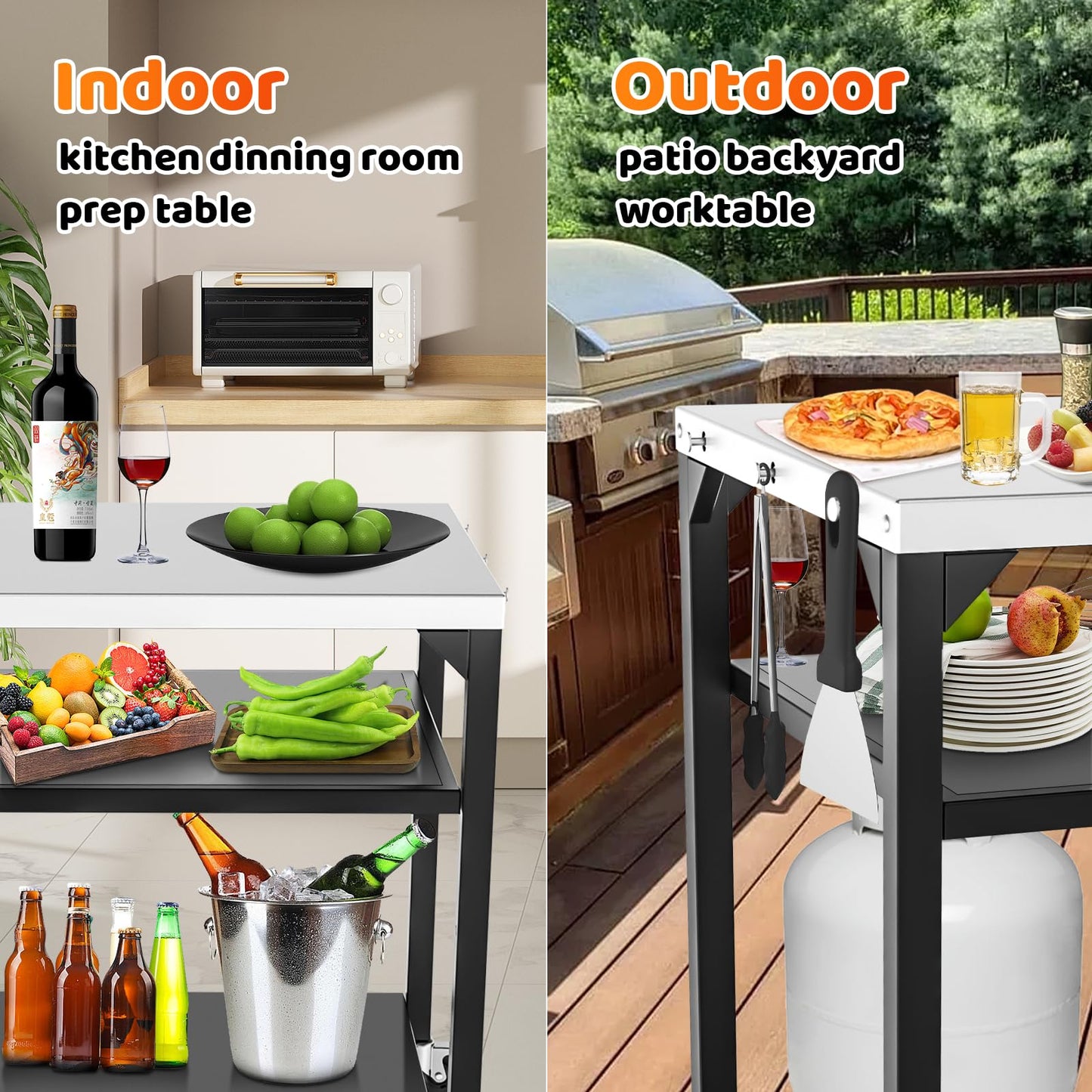 Pizza Oven Table for Ooni, Ninja, Woodfire, Blackstone, Bighorn, Cuisinart, Outdoor Grill Table for Ooni Pizza Oven Accessories, Movable Pizza Oven Stand as Food Prep Cart, Barbecue Tool Set