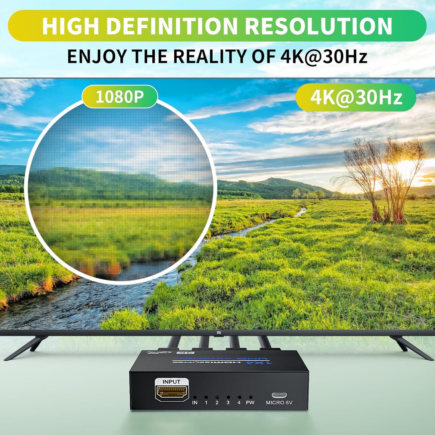 BolAAzuL 4K 1X4 1 4 2ft 3D 1080P 1 4 HDMI Splitter in Out with HDMI Cable Mirror/Duplicate Only, Powered, for Copy
