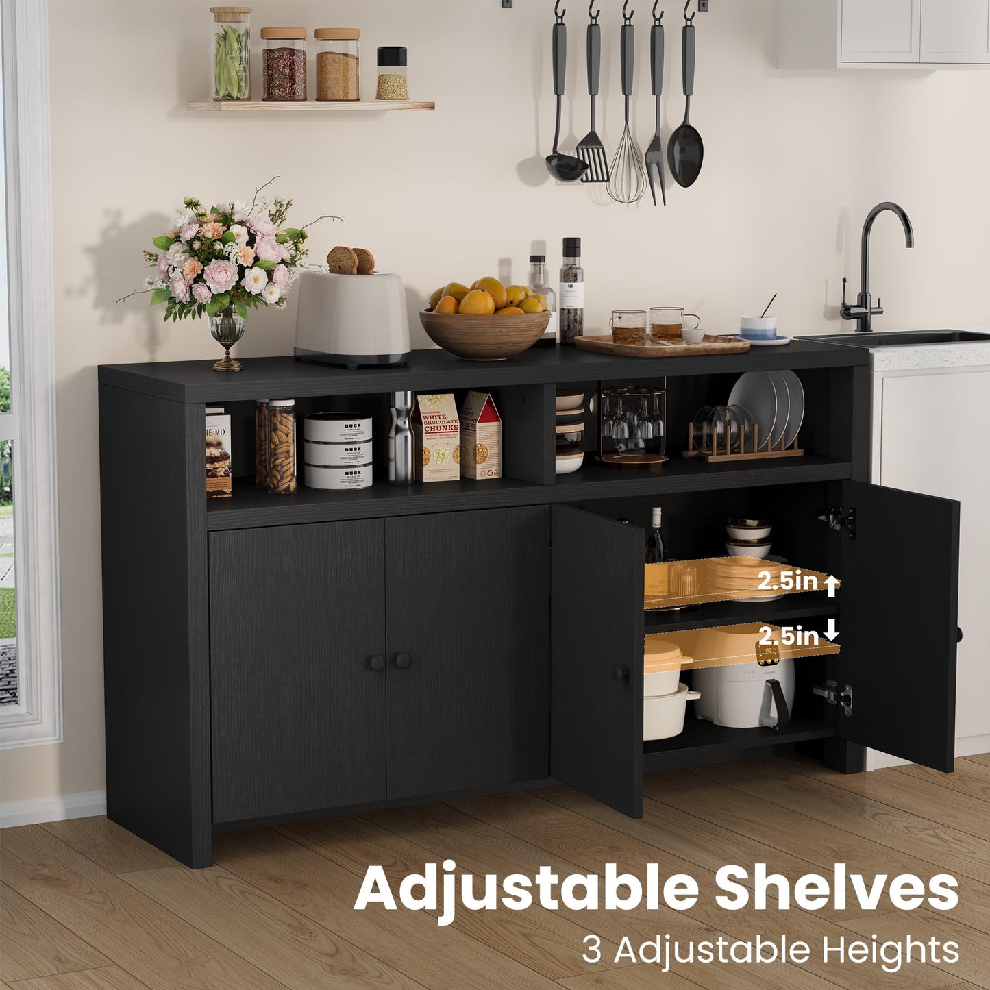 IDEALHOUSE Buffet Sideboard Cabinet with Storage, 55" Large Farmhouse Kitchen Storage Cabinet with 4 Doors & Adjustable Shelves, Wood Coffee Bar Cabinet for Kitchen, Dining Room, Living Room