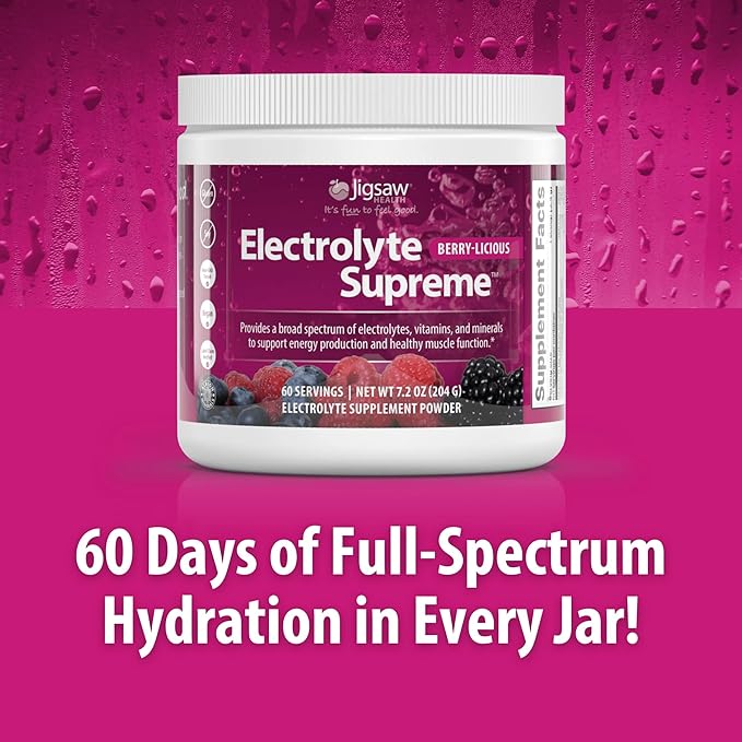 Jigsaw Health Electrolyte Supreme | Broad Spectrum of Electrolytes + Trace Minerals | Berry-Licious Flavor | 60 Servings (Jar)