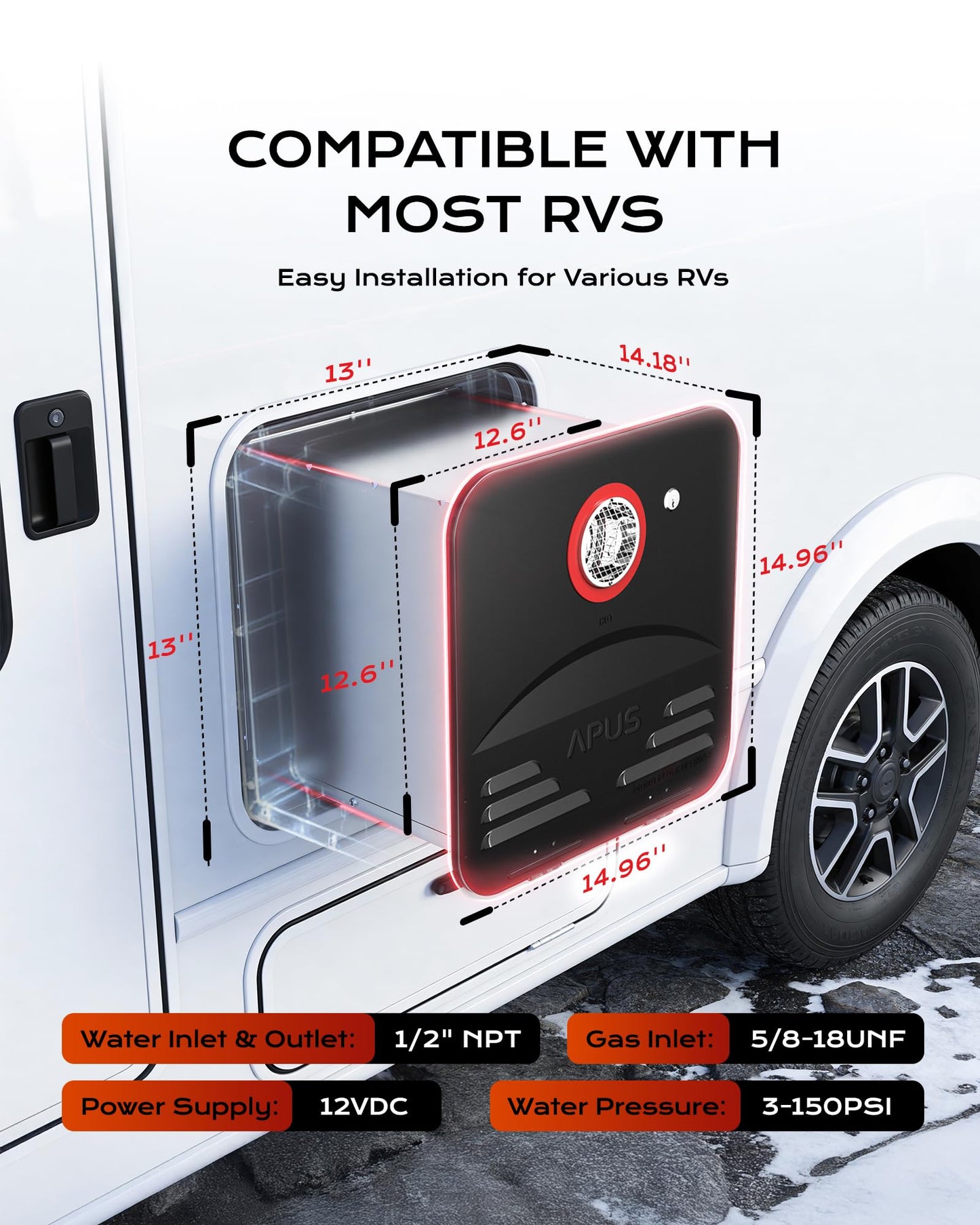 APUS RV Tankless Water Heater, 68,000 BTU Propane Gas On Demand Hot Water with Black Door&Remote, 12V, 3.9 GPM, High Altitude Ready, CSA Certified, Compatible with All RVs,Ideal for RV Family & Camper