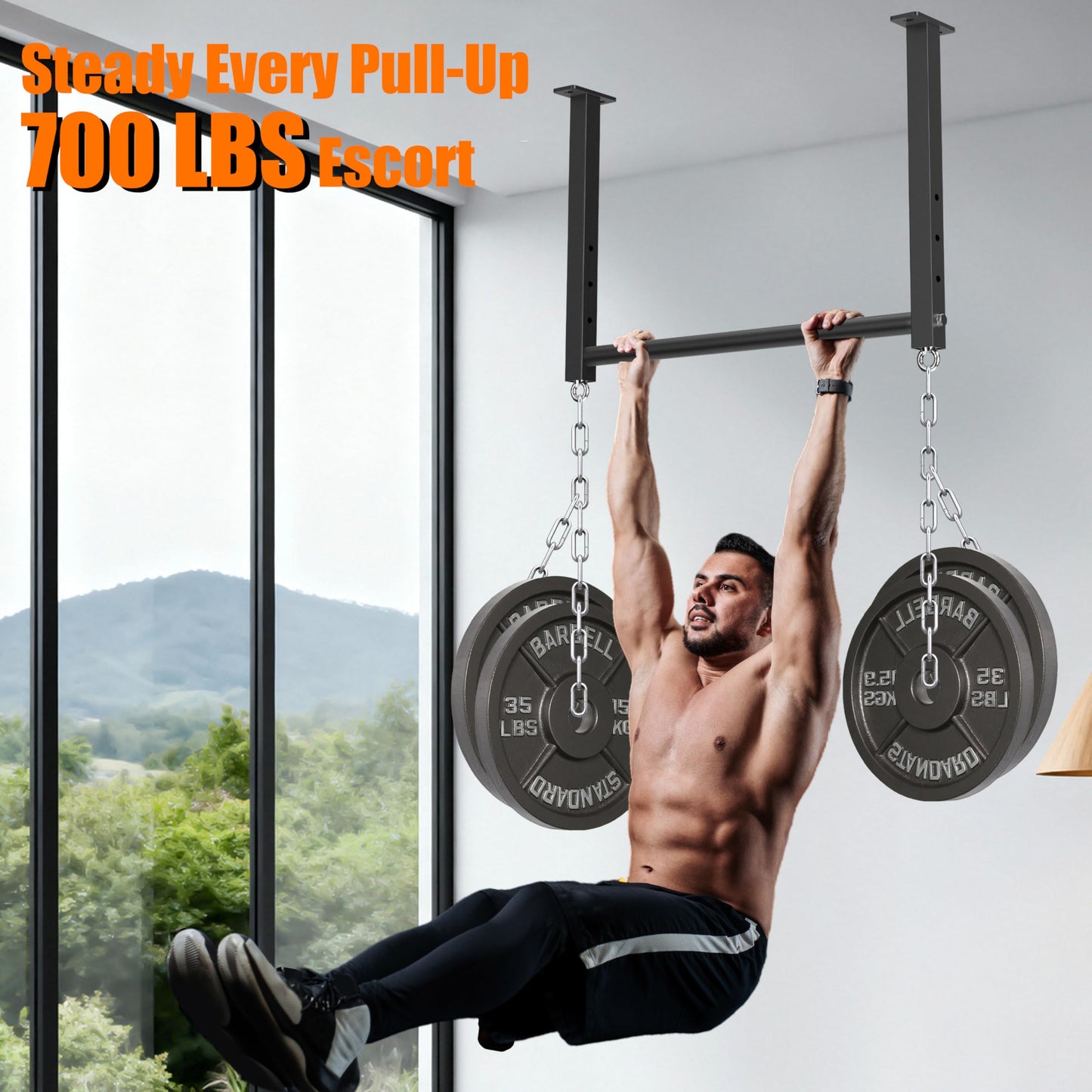 HWOOUSA Ceiling Mounted Pull Up Bar, 700 LBS Heavy Duty 4 Adjustable Pull Up Bar, 24" Rafter Pull Up Bars, Ceiling Joist for Garage/Gym/Basement with Comfortable Grip & Round Anchors