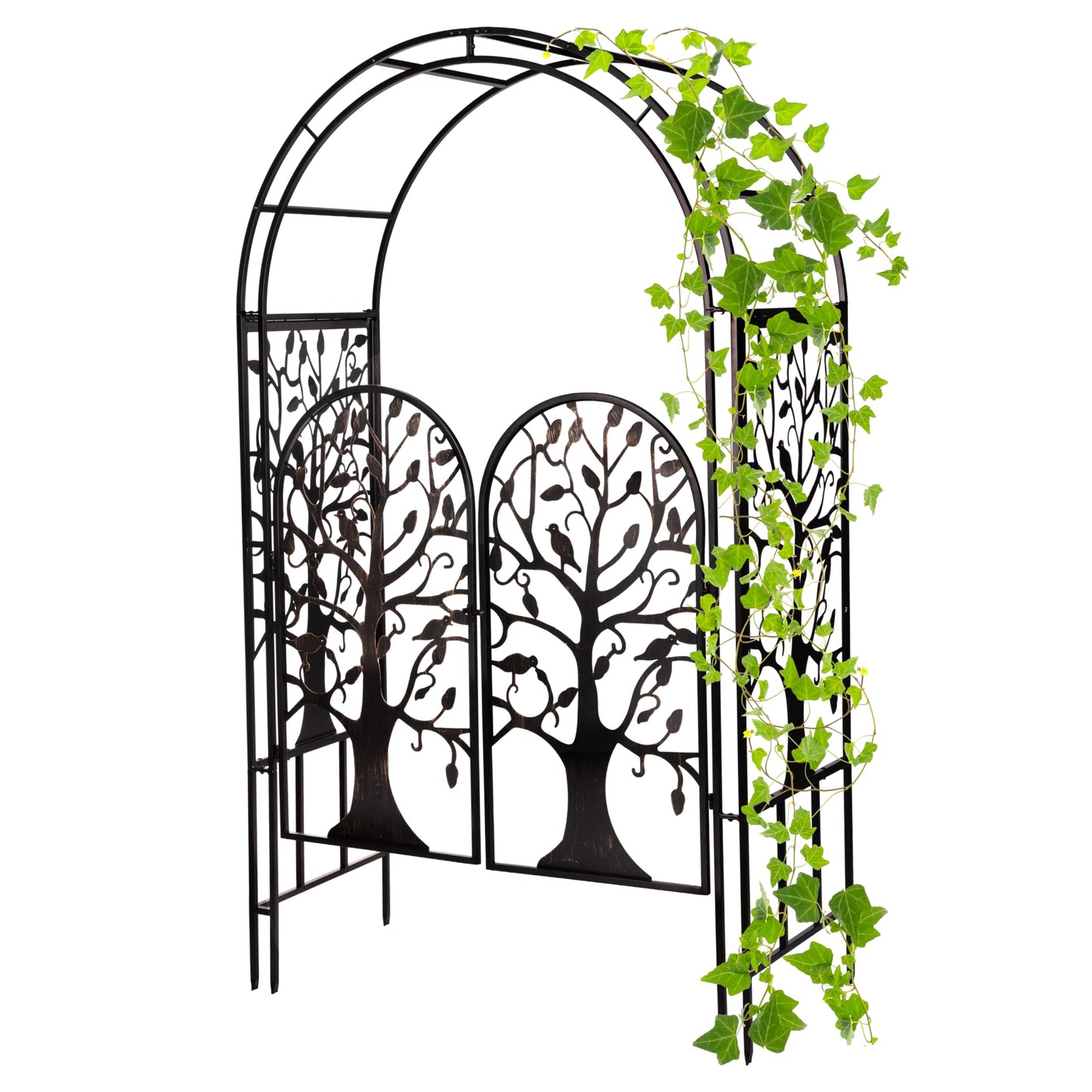 Plow & Hearth Arch Metal Outdoor Garden Arbor, 84 inches Tall, Iron Trellis Lattice for Climbing Plants, Wedding Arch, Outdoor Patio Décor (Tree of Life with Gate)