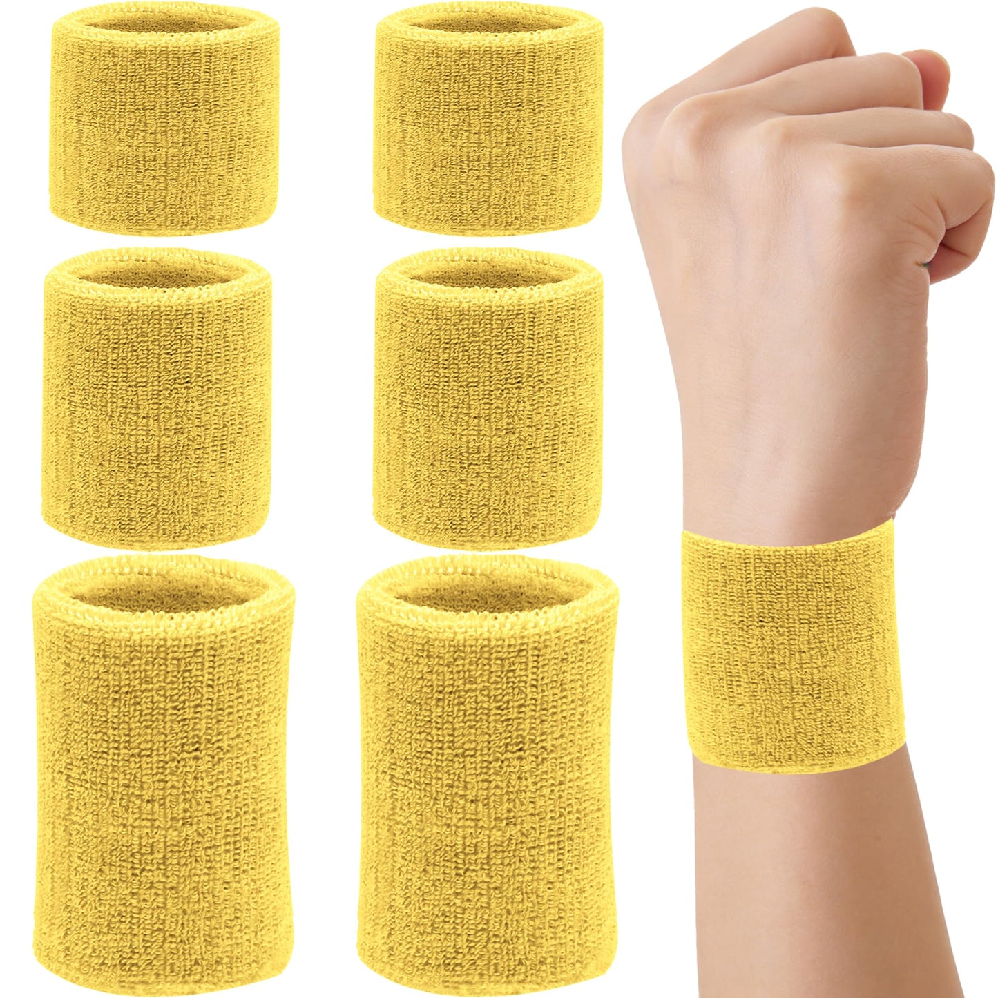 6 Pieces Multi-Sizes Sweatbands Sports Wristband for Men Women Moisture Wicking Tennis Wrist Bands Athletic Cotton Terry Cloth Sweatband for Pickleball,Basketball,Running,Gym,Working Out -Yellow