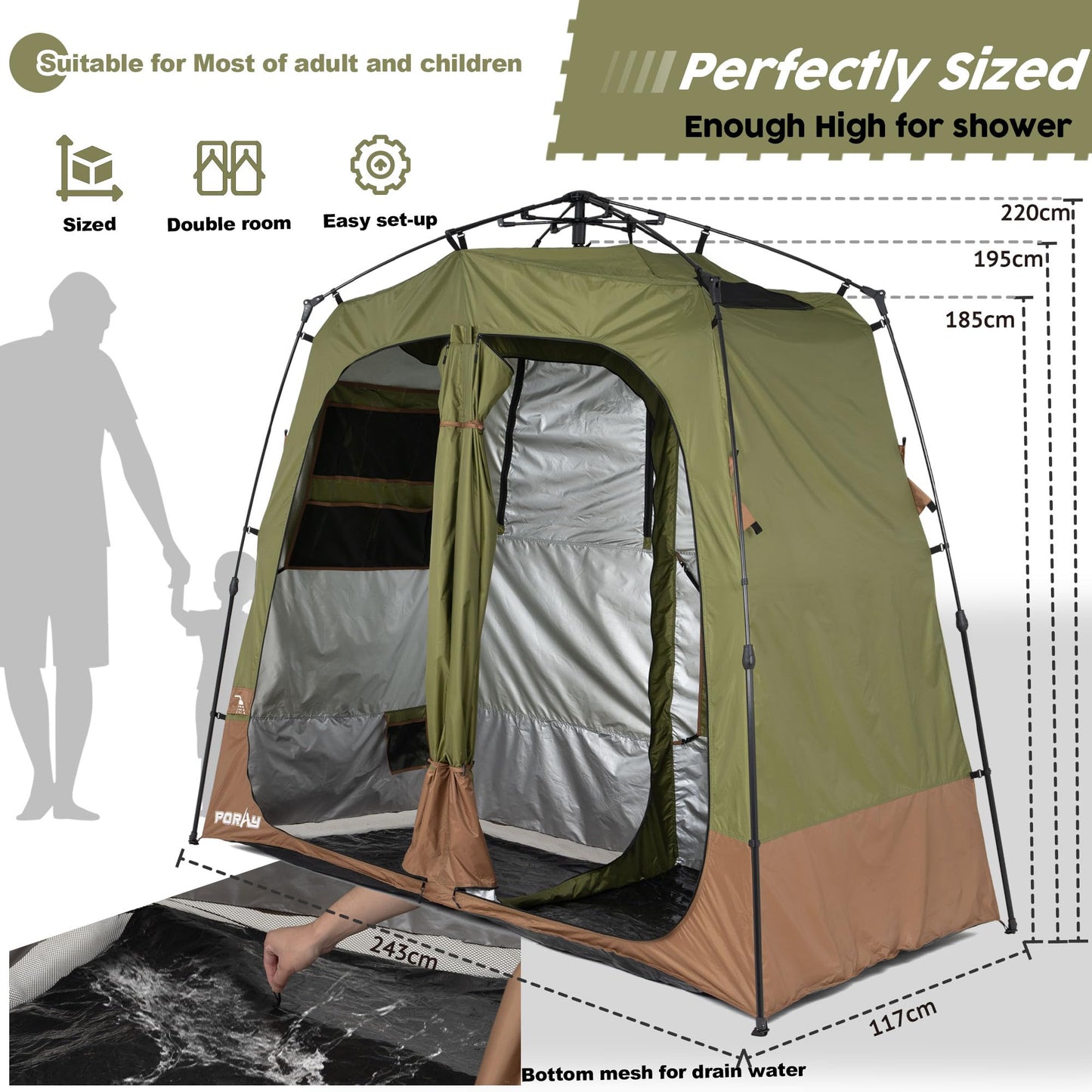 Porayhut Portable Camping Shower Tent Deluxe Changing Room Easy Set Up Privacy Shelter,Large Toilet Tent 2 Rooms with Floor Drain Design for Beach, Camping,Hiking with Stakes and Ropes for Stability