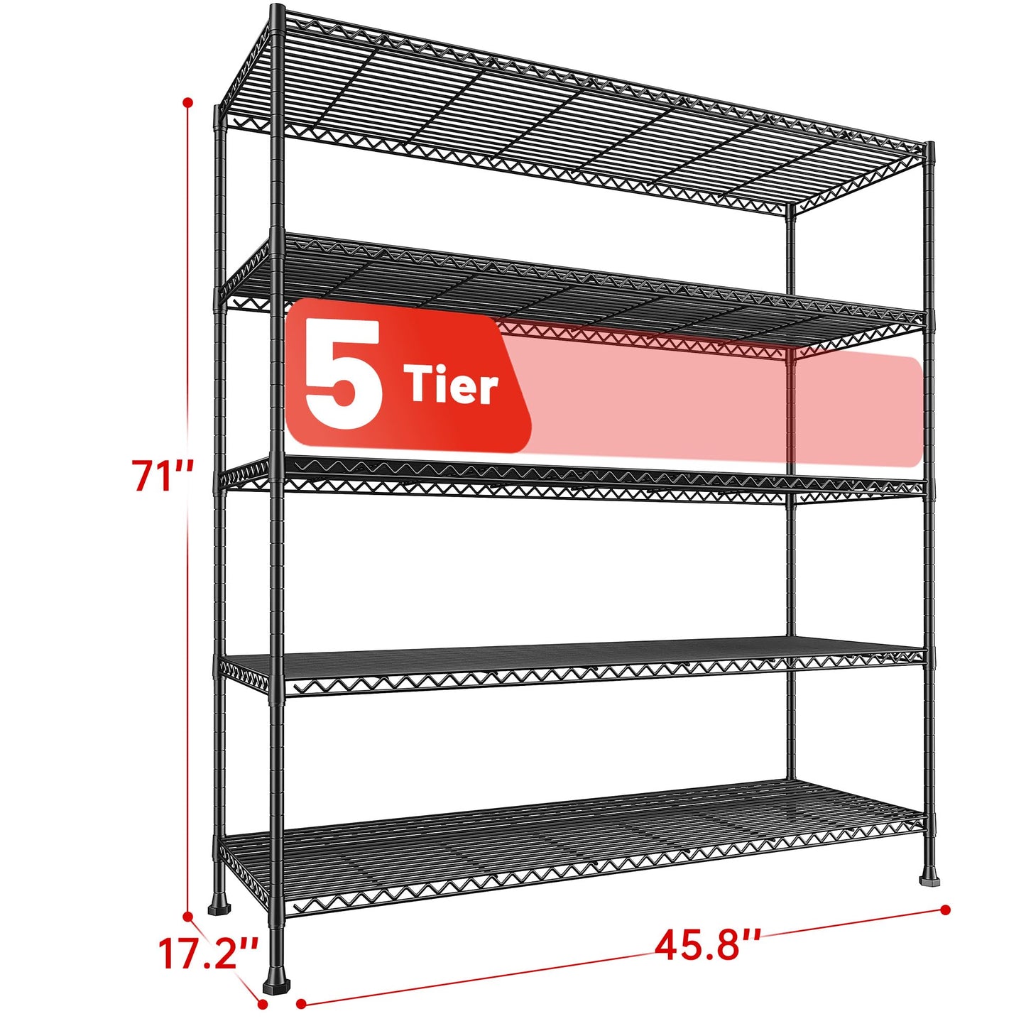 REIBII 45.8" W Ventilated Storage Shelves, Heavy Duty 5-Tier Wire Shelving, Adjustable Metal Shelf for Pantry Kitchen Garage Basement Commercial, Tool-Free Assembly, 45.8" W x 71" H, Black
