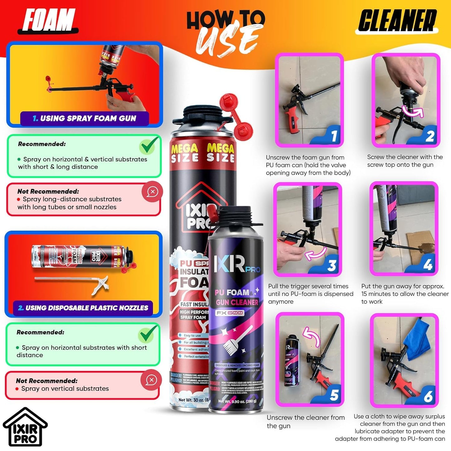 ixirpro Spray Foam Insulation Kit (18 PK Kit-30oz) Expanding Sealant, Spray Foam, Mega Size Closed Cell Heat Acoustic Insulation, High Density, Cleaner, Gun