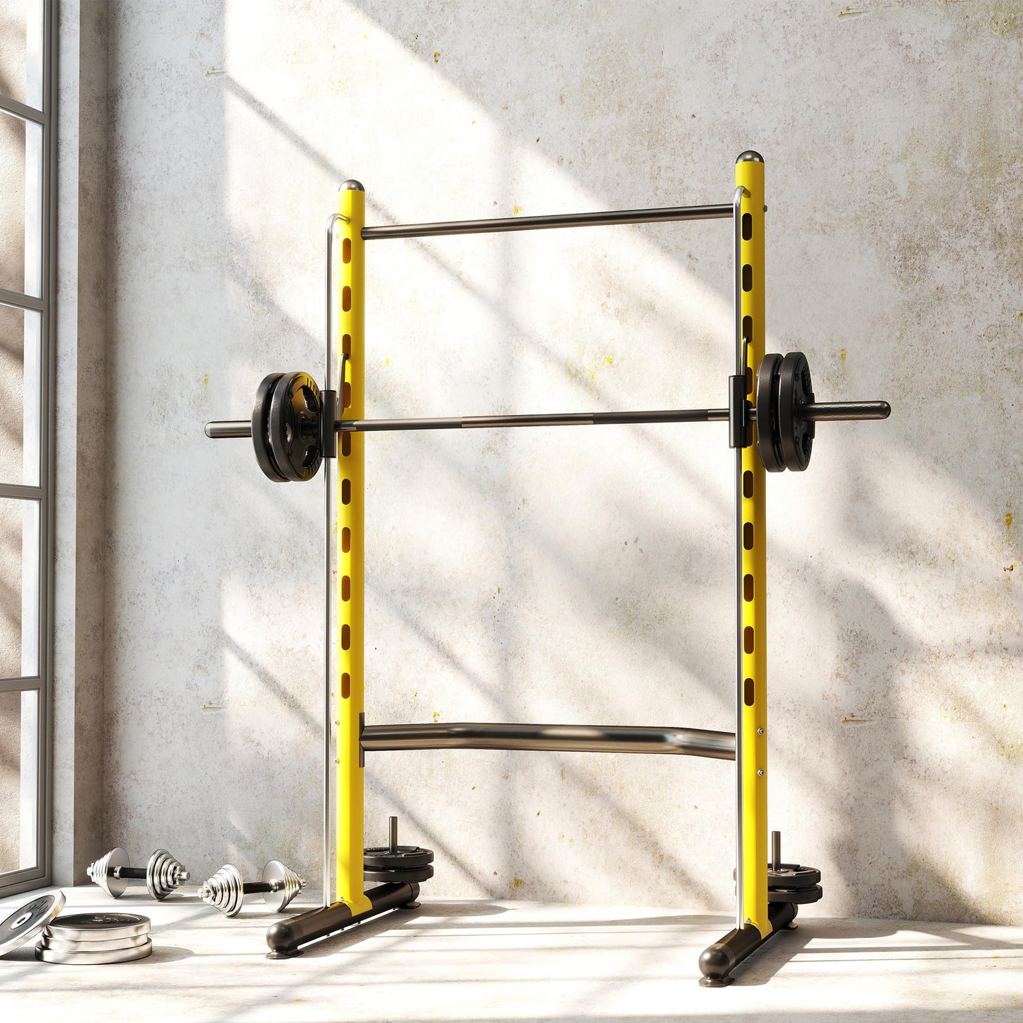 Soozier Squat Rack with Pull-Up Bar, Adjustable Power Rack with Barbell Bar, Multi-Functional Bench Press Rack for Home Gym Strength Training, Yellow