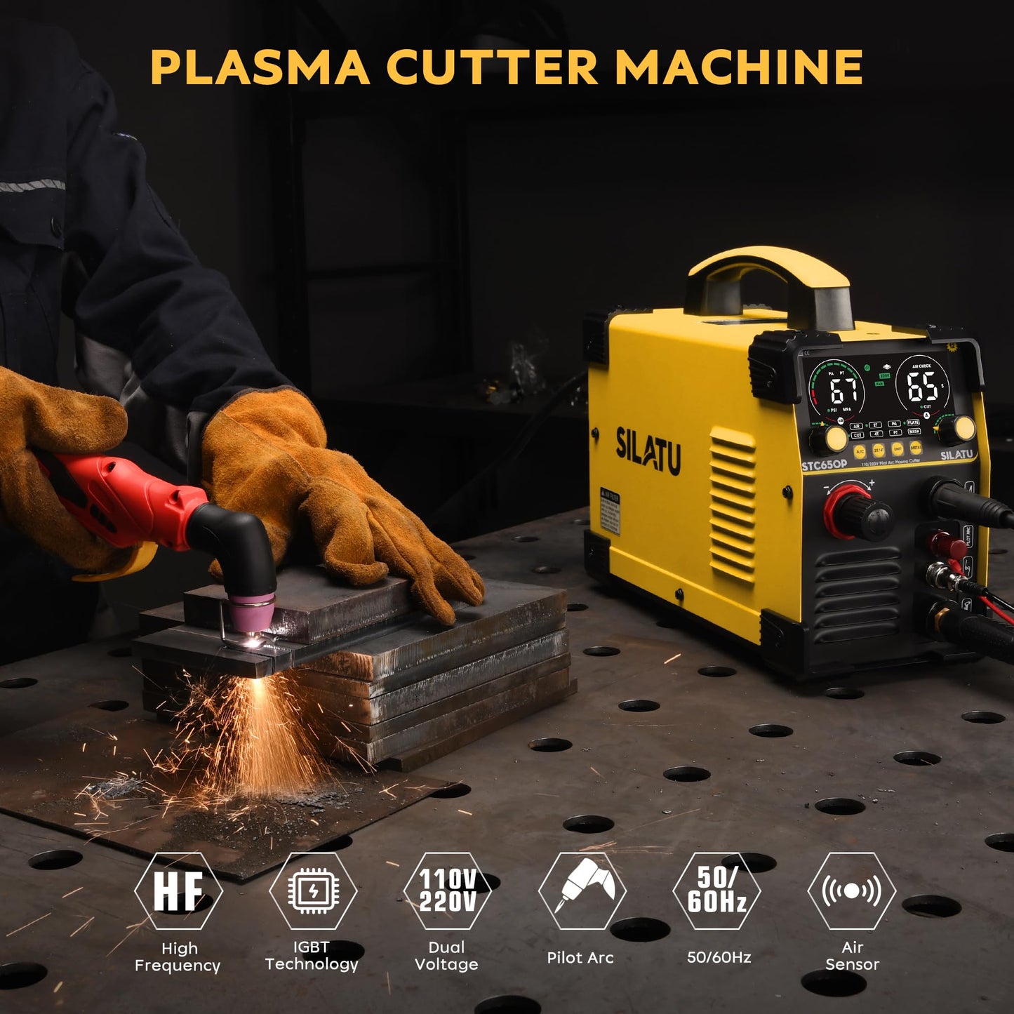 SILATU 65Amps Plasma Cutter, STC650P HF Non-Touch Pilot Arc Plasma Cutter Machine, 110/220V Dual Voltage Air Sensor Technology Large LED Display, 20mm Max Cutting thickness, PT/2T/4T for Beginners DIY