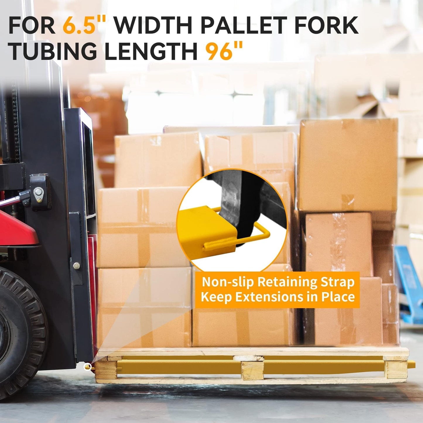 YINTATECH 6.5in Width Forklift Extensions Fits for 6" Wide Forks, Heavy Duty Pallet Fork Extension, 96in Length, 1 Pair, Yellow