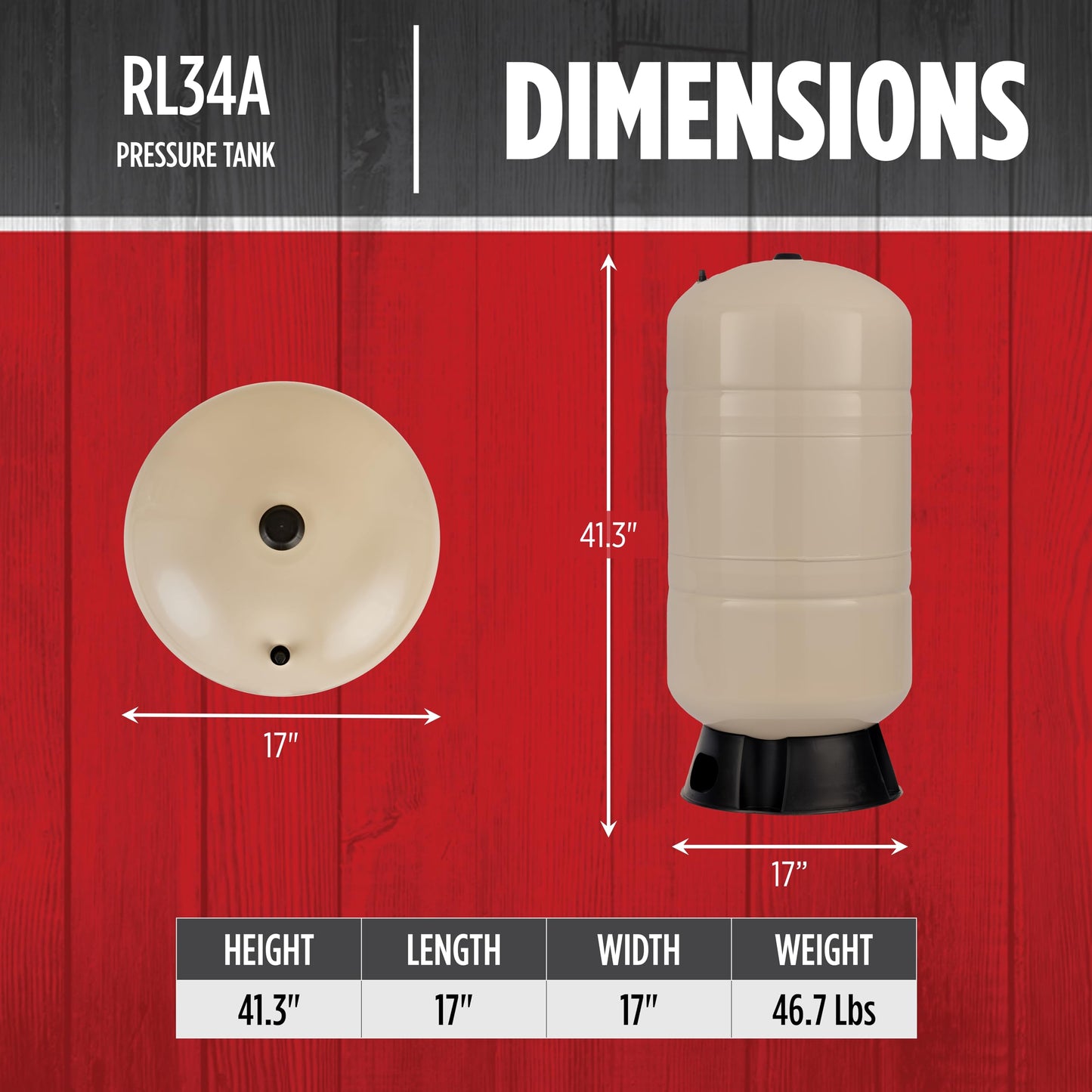 Red Lion RL34A 34-Gallon Vertical Pre-Charged Pressure Tank with Thermoplastic Base for Well Pumps, 1-Inch FNPT System Connection, Almond, 604683