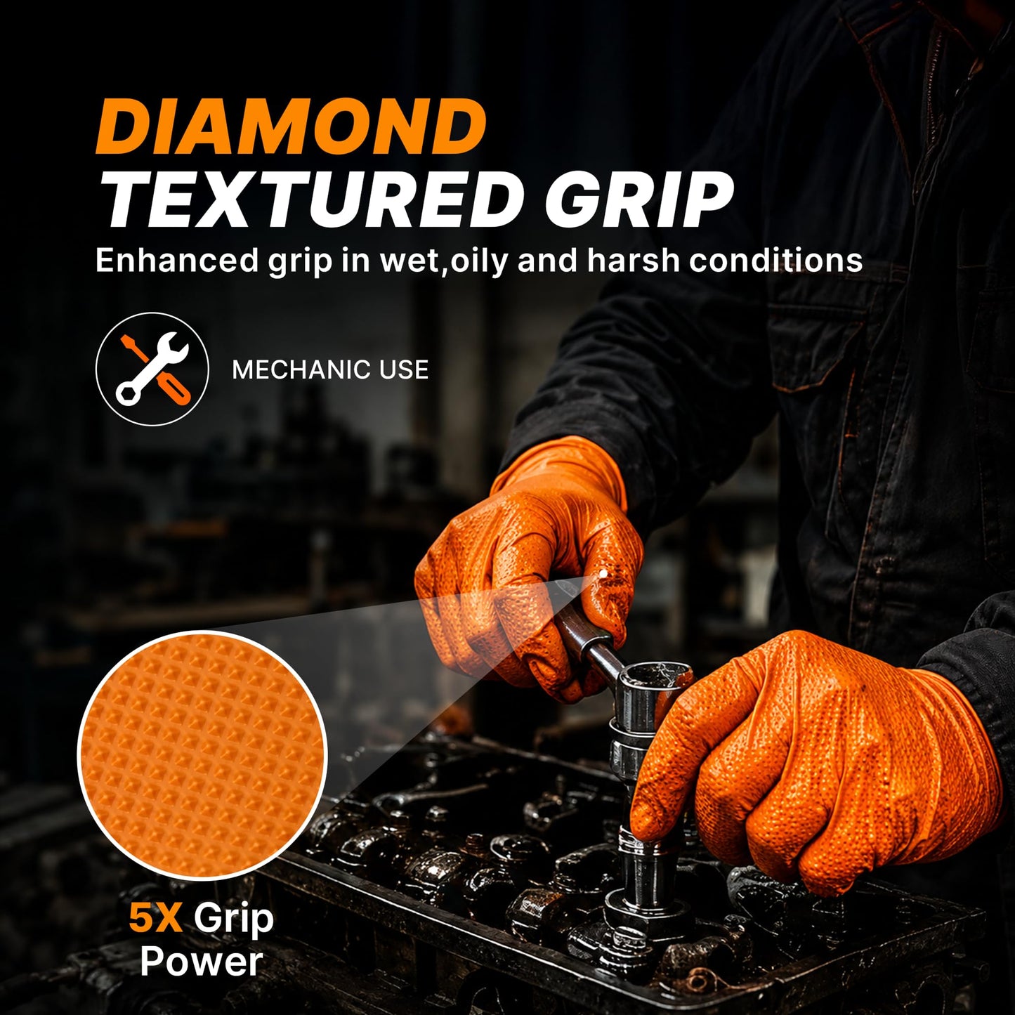 TitanFlex Heavy Duty Industrial Orange Nitrile Gloves, 8-mil, Gloves Disposable Latex Free with Raised Diamond Texture Grip, Powder Free, Rubber Glove, Mechanic Gloves,1000-ct Case (Large)