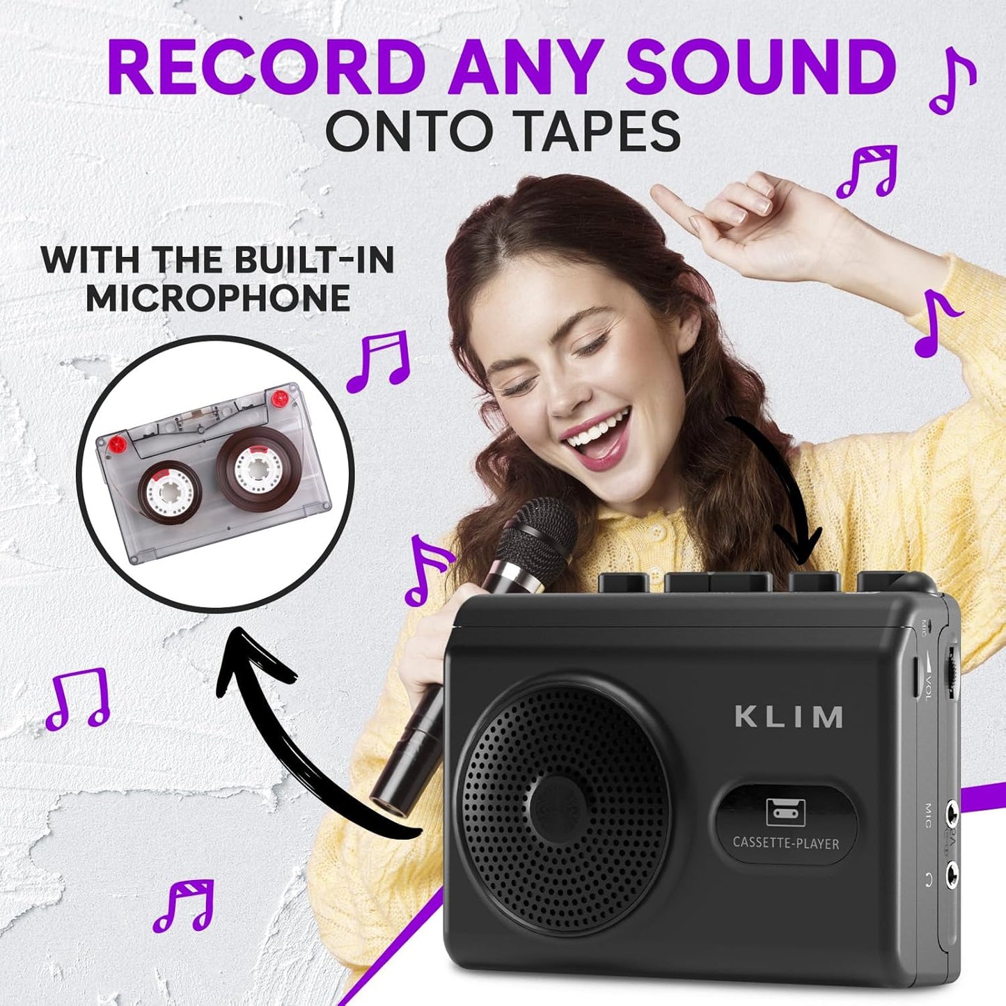KLIM K9 Cassette Cassette Tape Player Portable Player & Tape Recorder with Built-in Speaker & Microphone, Headphone
