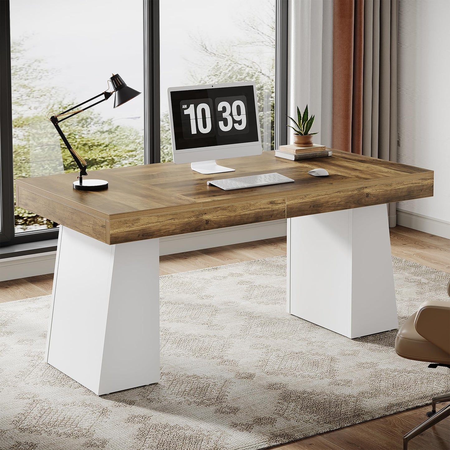 Tribesigns 55 Inches Executive Desk, Mid-Century Modern Home Office Desk, Wood Computer Table Business Workstation Small Conference Table, White & Brown