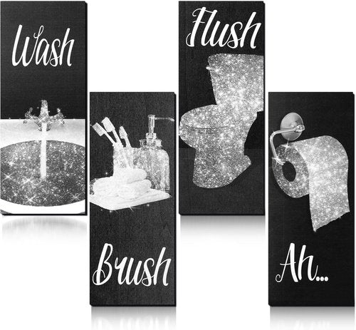 Chinco Funny Bathroom Wall Art | 4-Piece Glam Decor Set for Women | Modern Wood Hanging Decor (Black & White)