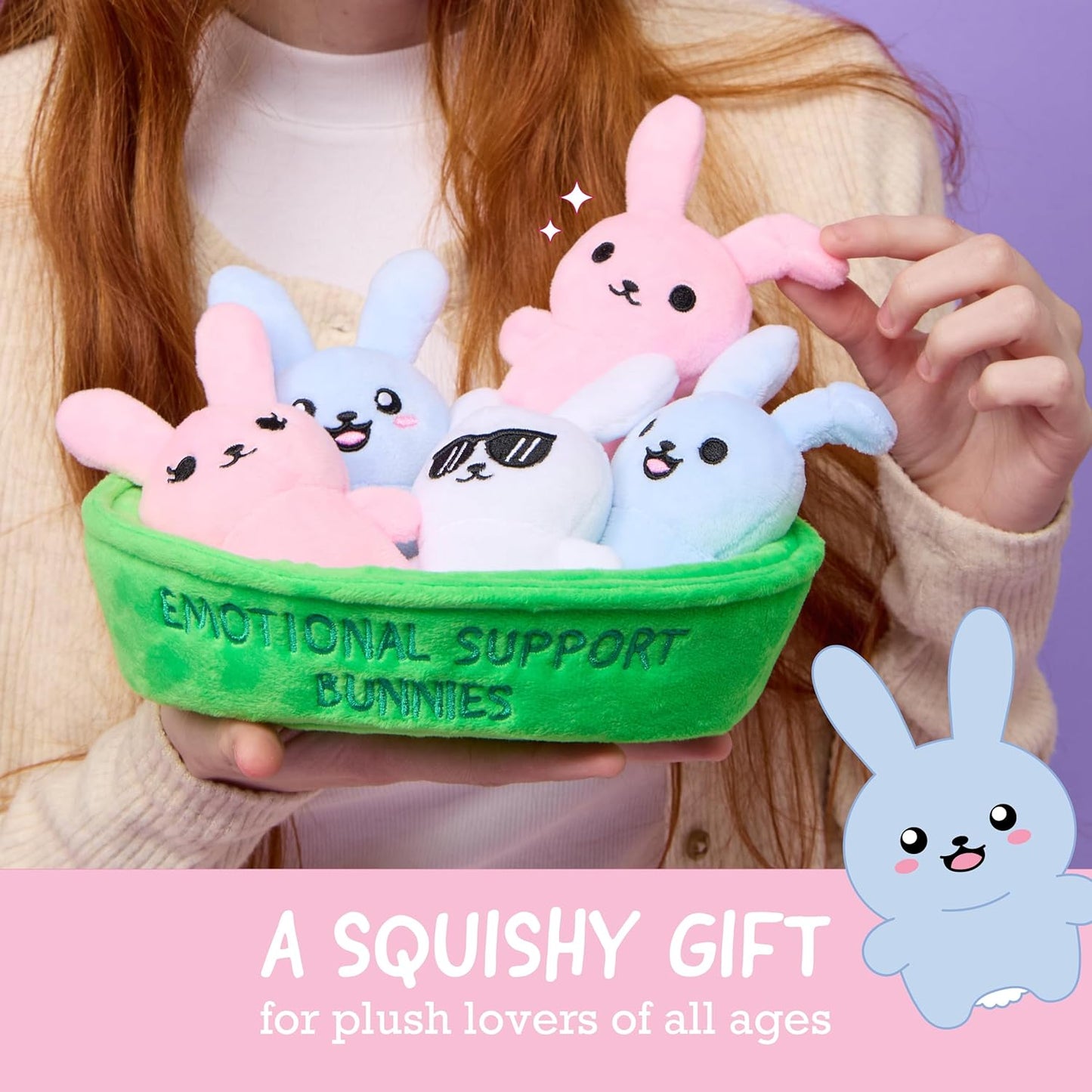 WHAT DO YOU MEME? Emotional Support Bunnies - Cuddly Plush Stuffed Animals for All Ages | Set of 5 with Basket