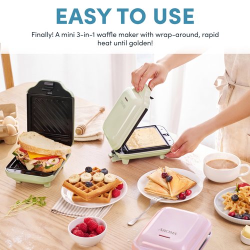 AROMA® 3-in-1 Panini Press, Sandwich Grill, and Waffle Maker with Removable Ceramic Coated Plates
