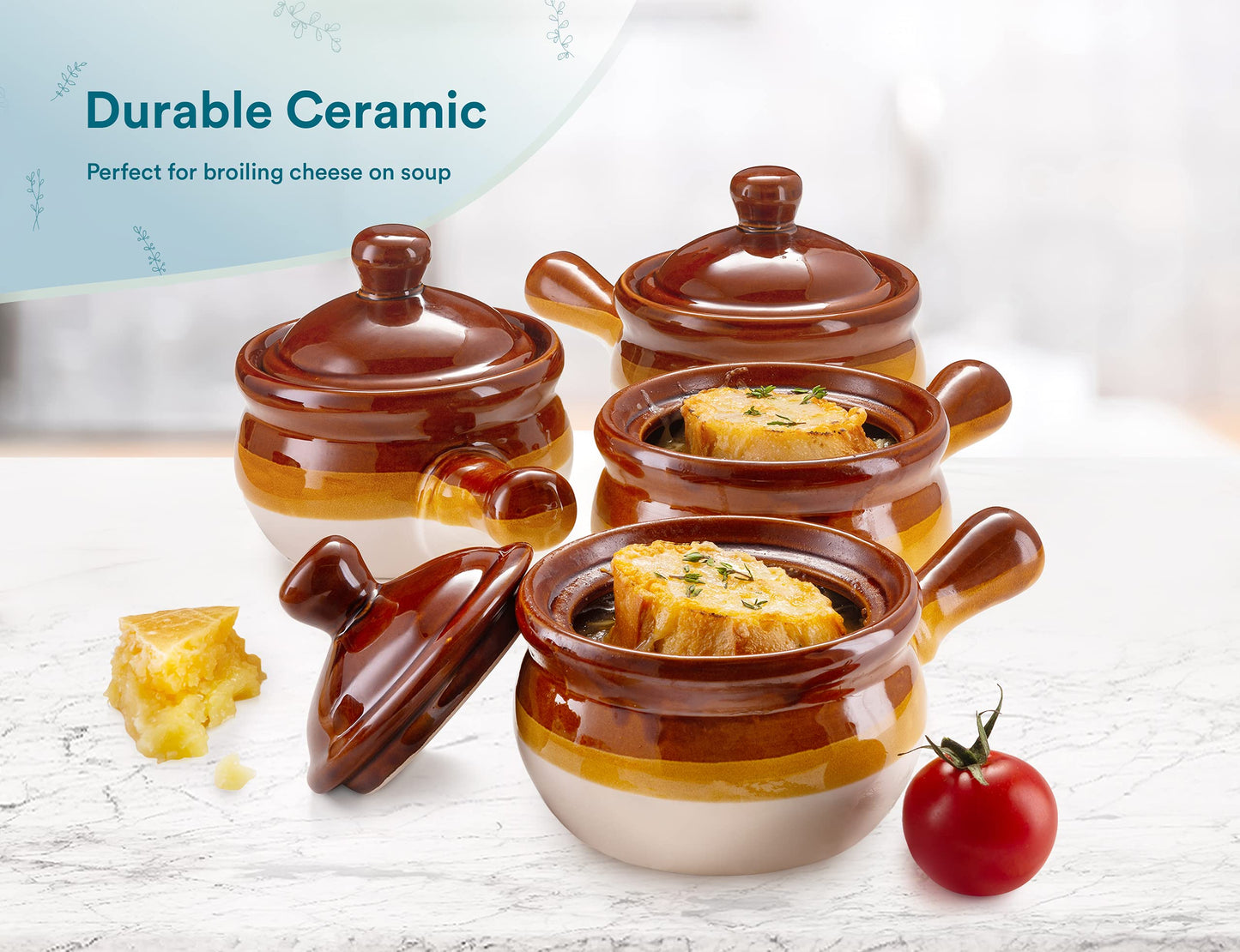 KooK French Onion Soup Crocks, Ceramic Bowls with Lids, Large Handles, Oven & Microwave Safe, Brown/White, Set of 4, 15 oz