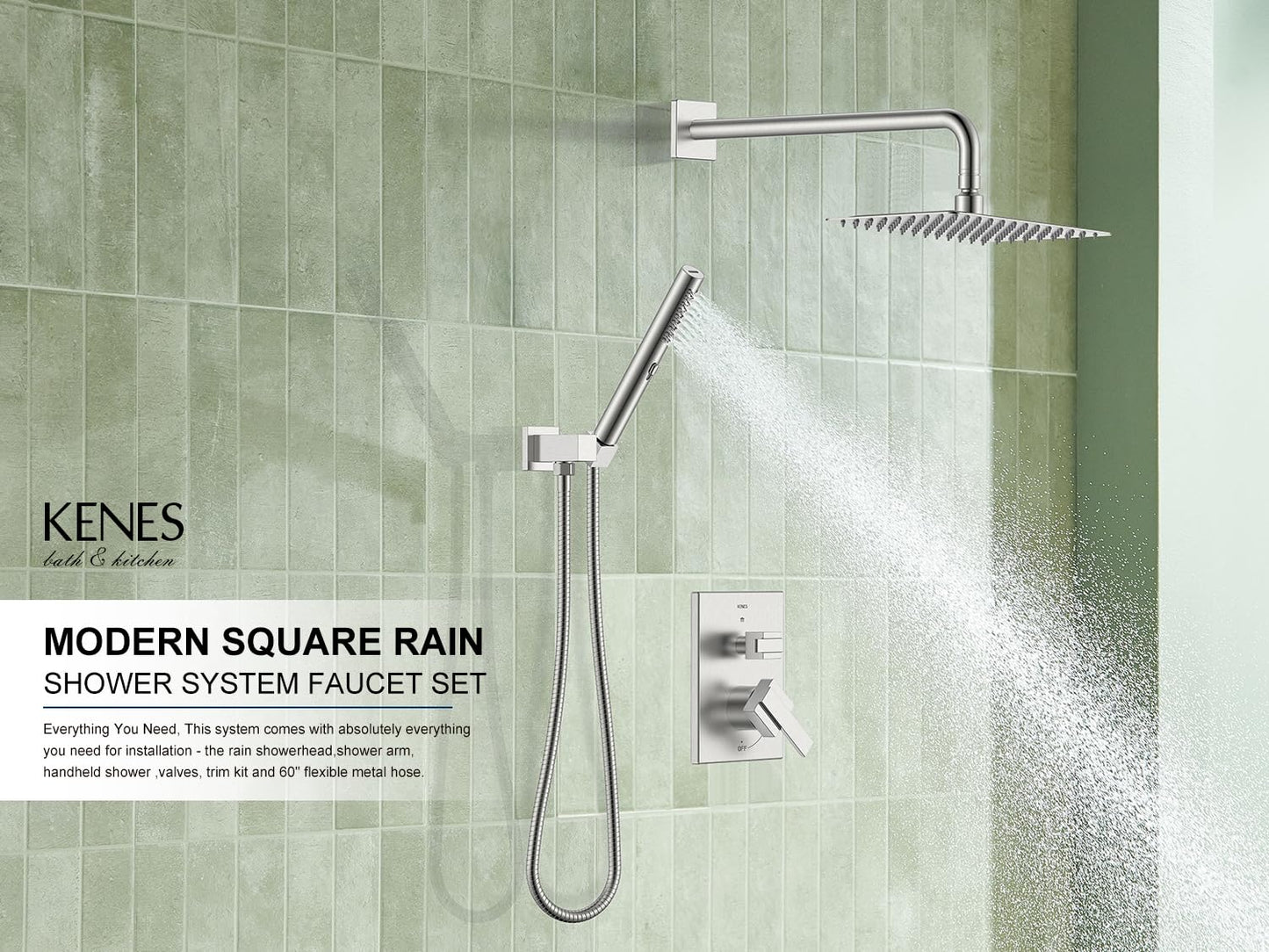 KENES Square Rainfall Shower System Faucet Set, Brushed Nickel Rain Shower Head and Handle Set, 10 Inch Stainless Shower Head with Handheld Spray (Shower Valve Included), LJ-6026A