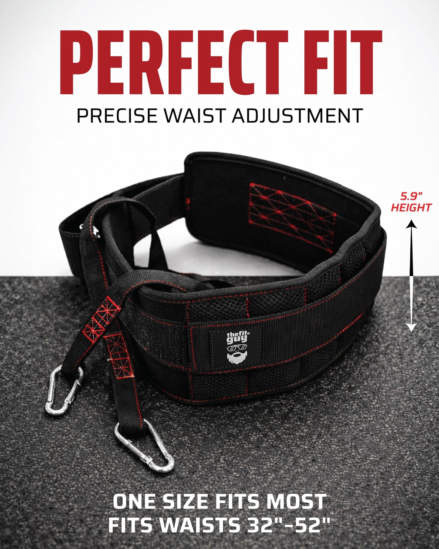 THEFITGUY Dip Belt with Strap – No Slip Secure Closure | 250lb Heavy Duty | Belt Squat Attachment, Weighted Dips, Pull Ups | Structured Back Support | 45-Degree Angle Rings, 2 Snap Hooks Included
