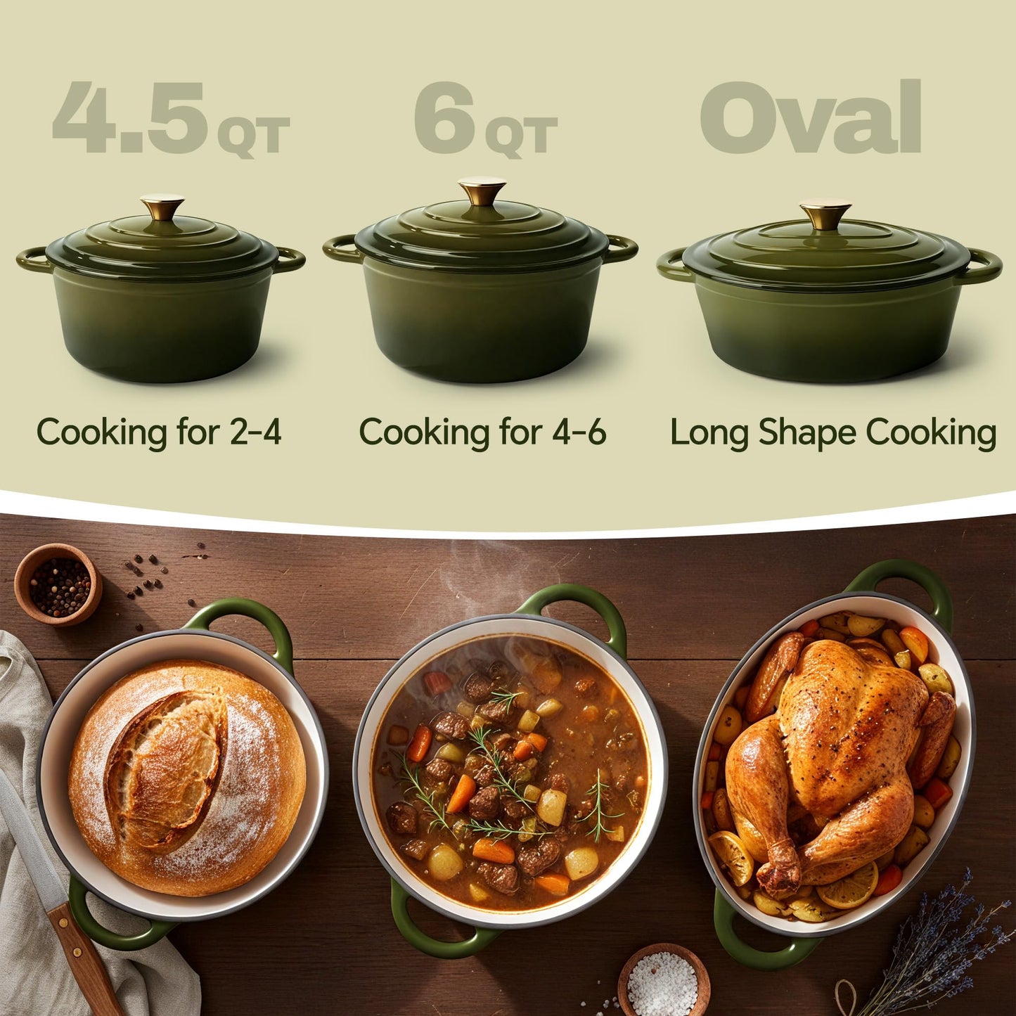 Vintage Style 6 Quart Dutch Oven Pot with Lid, Non Stick Enameled Cast Iron Dutch Oven for Bread Baking, Heavy-Duty, Oven Safe Ceramic Cookware Up to 500°F for Baking, Braising, Stews, Roasting, Golden Green