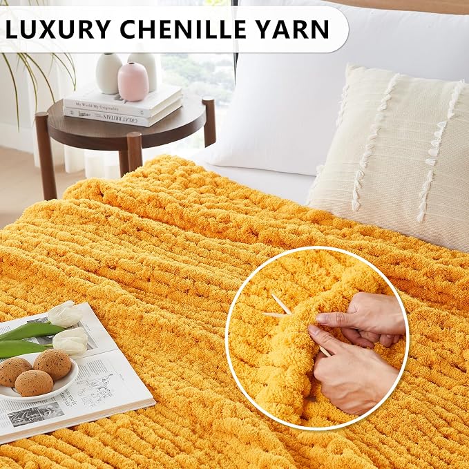 L'AGRATY Chunky Knit Blanket Throw: 72''x84'' Chenille Chunky Knitted Throw Blankets for Bed Couch - Handmade Thick Big Cable Knit Blanket - Large Crochet Rope Blankets for Home Decor(Yellow)