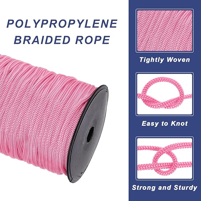 MECCANIXITY 3/16 Inch Polypropylene Rope Braided Ropes, 328ft Nylon Rope Hollow Utility Cord for Clothesline, Camping, Hiking, Outdoor, Pink