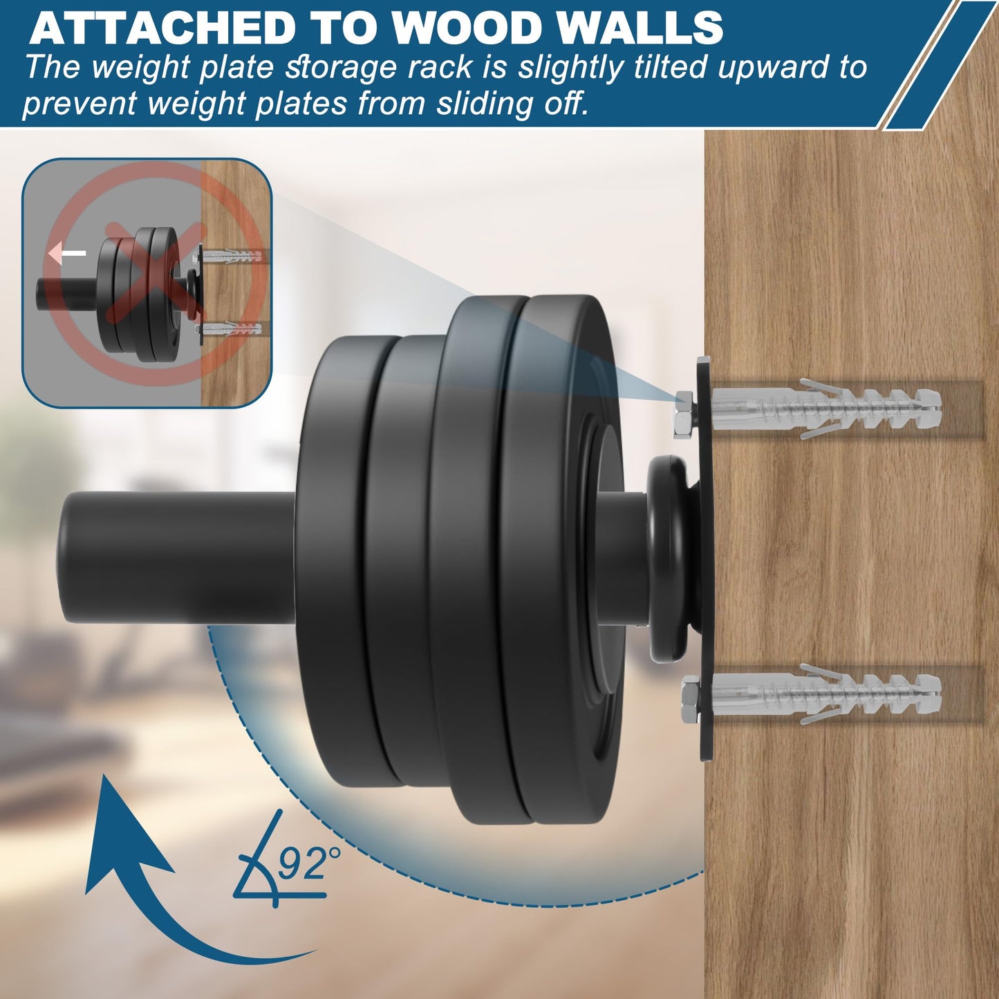 XARIWOD Wall Mounted Weight Plate Holder for 2" Olympic Plates - Heavy Duty Weight Plate Rack, 300 lbs Capacity, Home Gym Storage Organizer with Mounting Hardware (4 Pack)