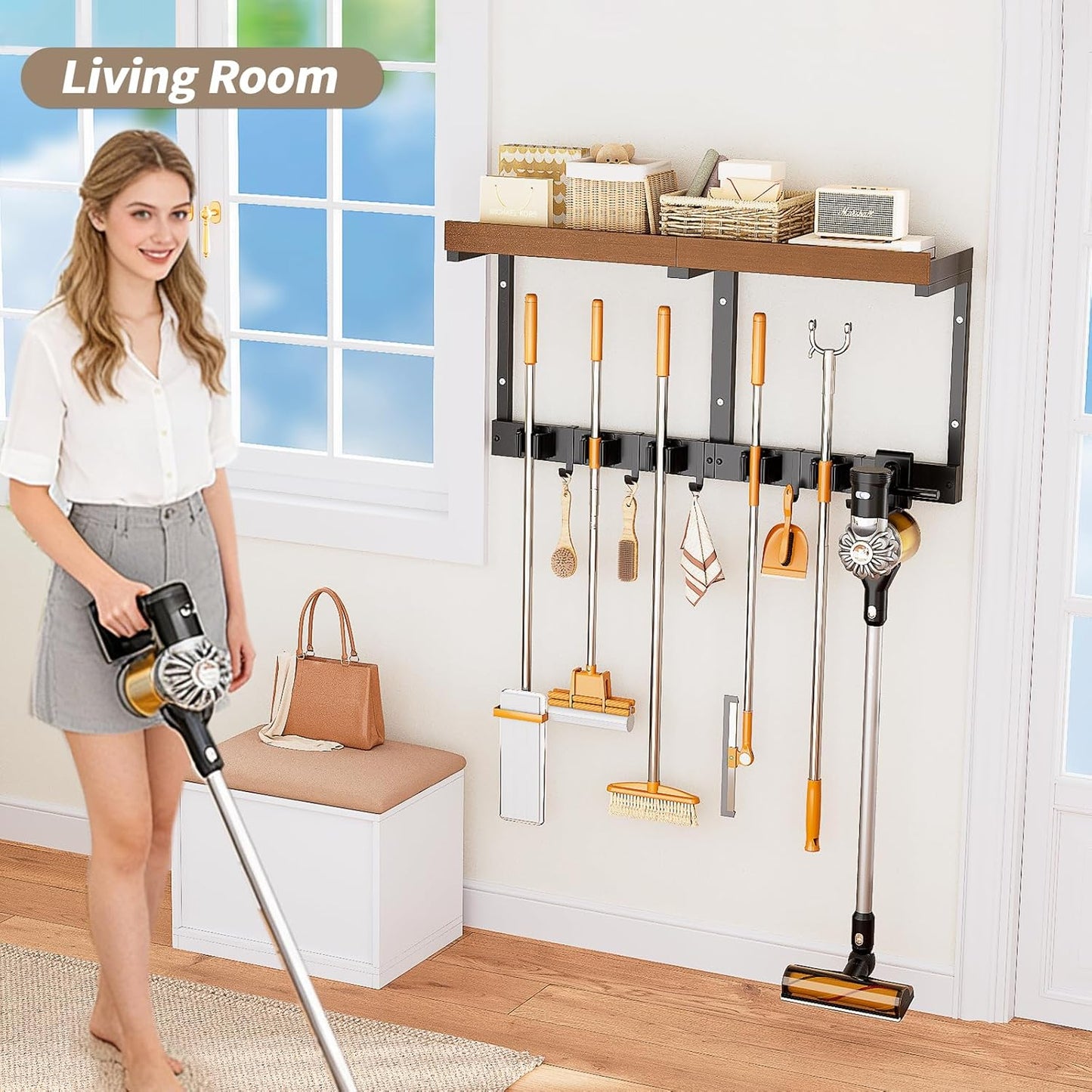 Skiennix Broom Holder Wall Mount - Versatile Cleaning Supplies Organizer with Mop Hanger & Gripper Hooks | Ideal for Home, Garage, Kitchen