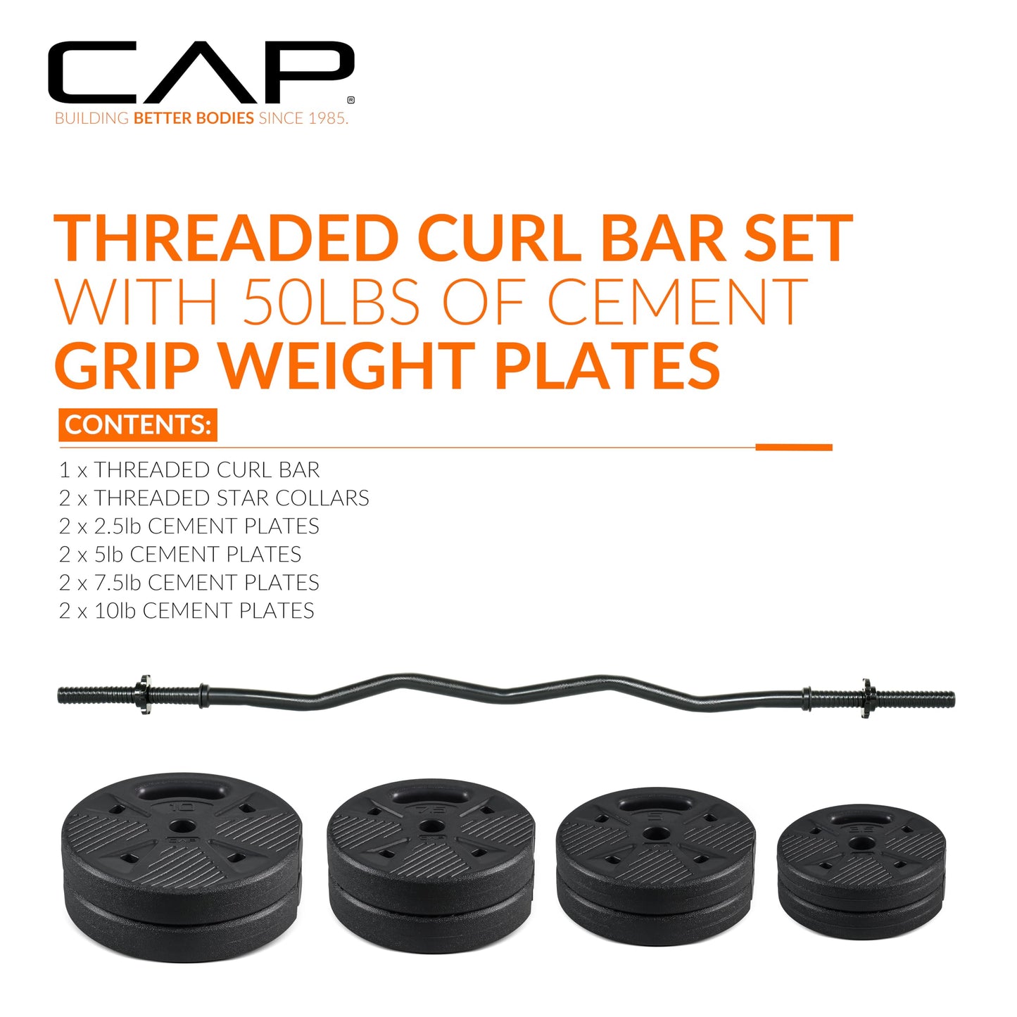 CAP Barbell Threaded Curl Bar Set with 50 LB Cement Grip Weight Plates | EZ Curl Bar with Threaded Collars for Strength Training & Home Gym Workouts