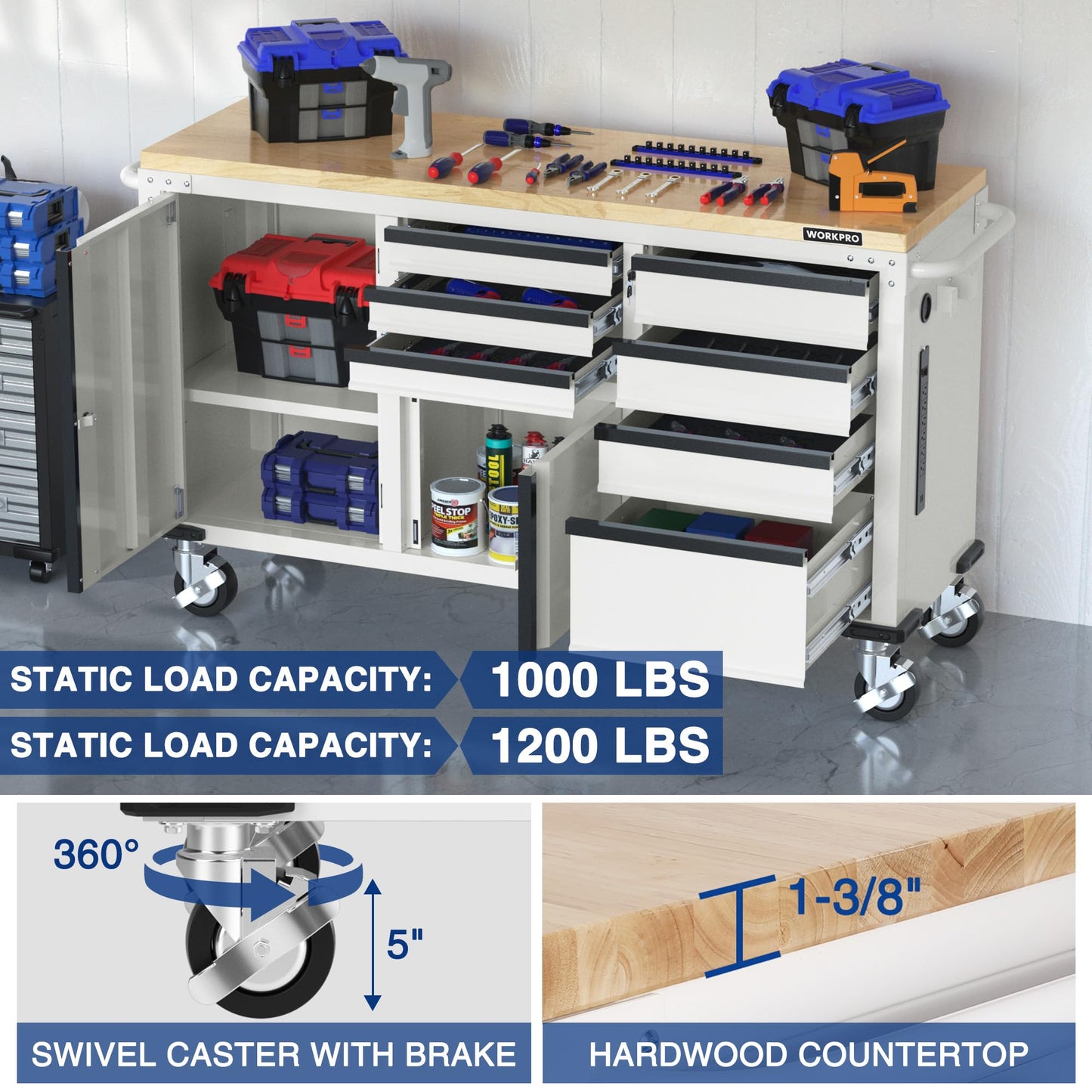 WORKPRO 62" Rolling Tool Chest, Heavy Duty Mobile Tool Storage Cabinet with 7-Drawer & 2-Door, Power Strip, Locking System, 1000 LBS Capacity Rolling Cabinet for Garage, Kitchen & Warehouse