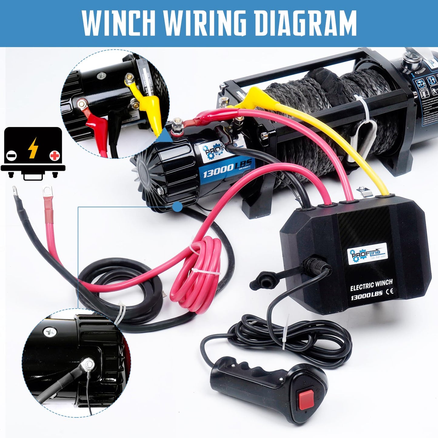 PROFLine Electric Winch 13000 lbs ATV Winch 12V with Synthetic Rope and Hook Truck Winch with Hawse Fairlead Remote Control for Towing UTV SUV Off Road Vehicle