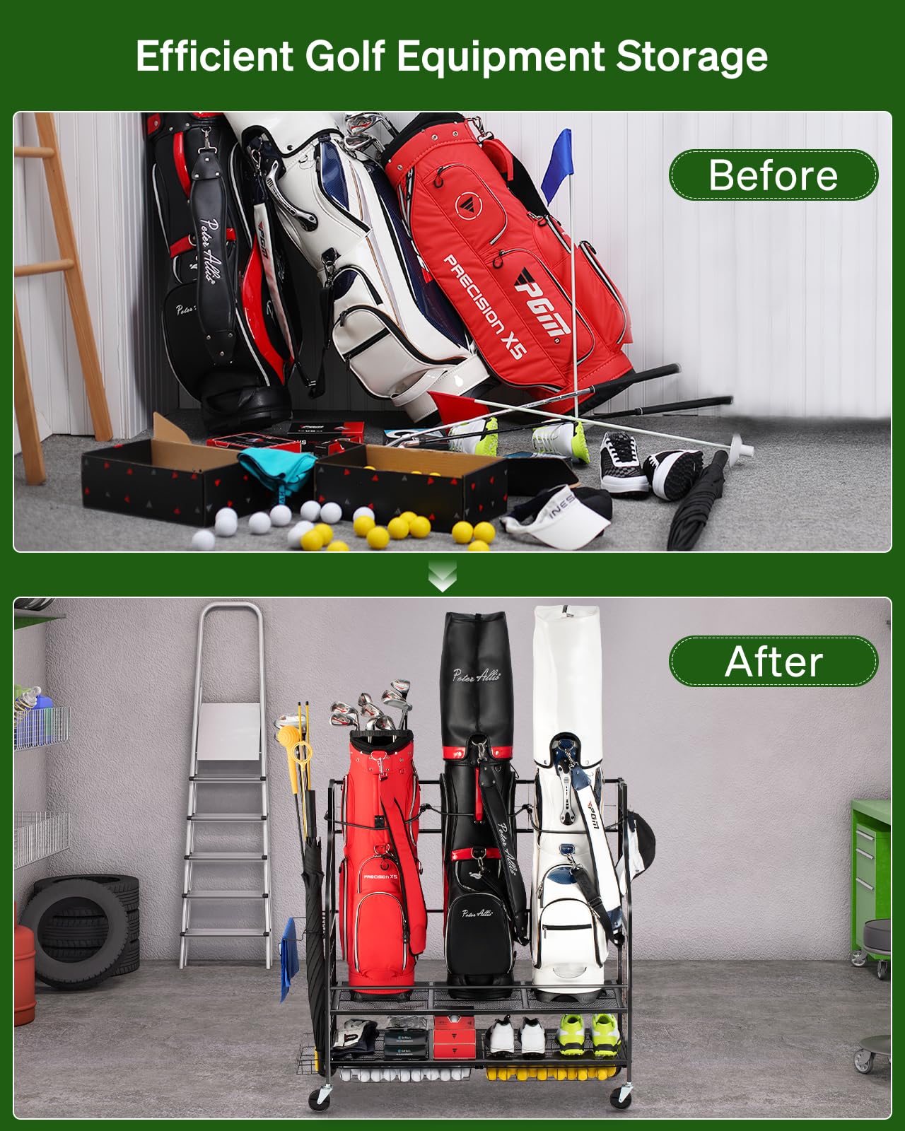 FHXZH 3 Golf Bag Storage Garage Organizer, Golf Bag Stand Fit for 3 Golf Bags, Golf Clubs, Golf Balls, Golf Equipment Accessories, Storage Rack with Wheels for Garage, Club, Shed, Basement