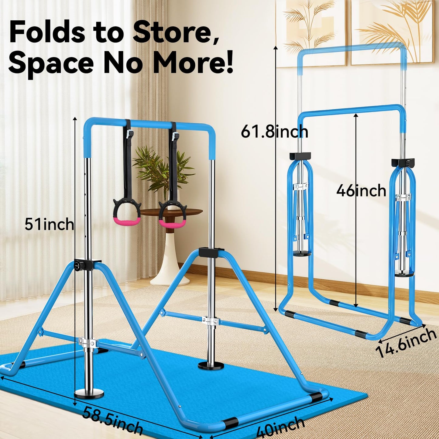 WATBKHE Gymnastics Bar for Kids Adjustable & Foldable Training Kip Bar with Rings, Sturdy Horizontal Bar for Boys & Girls, Expandable Gymnastics Equipment for Home Practice Blue