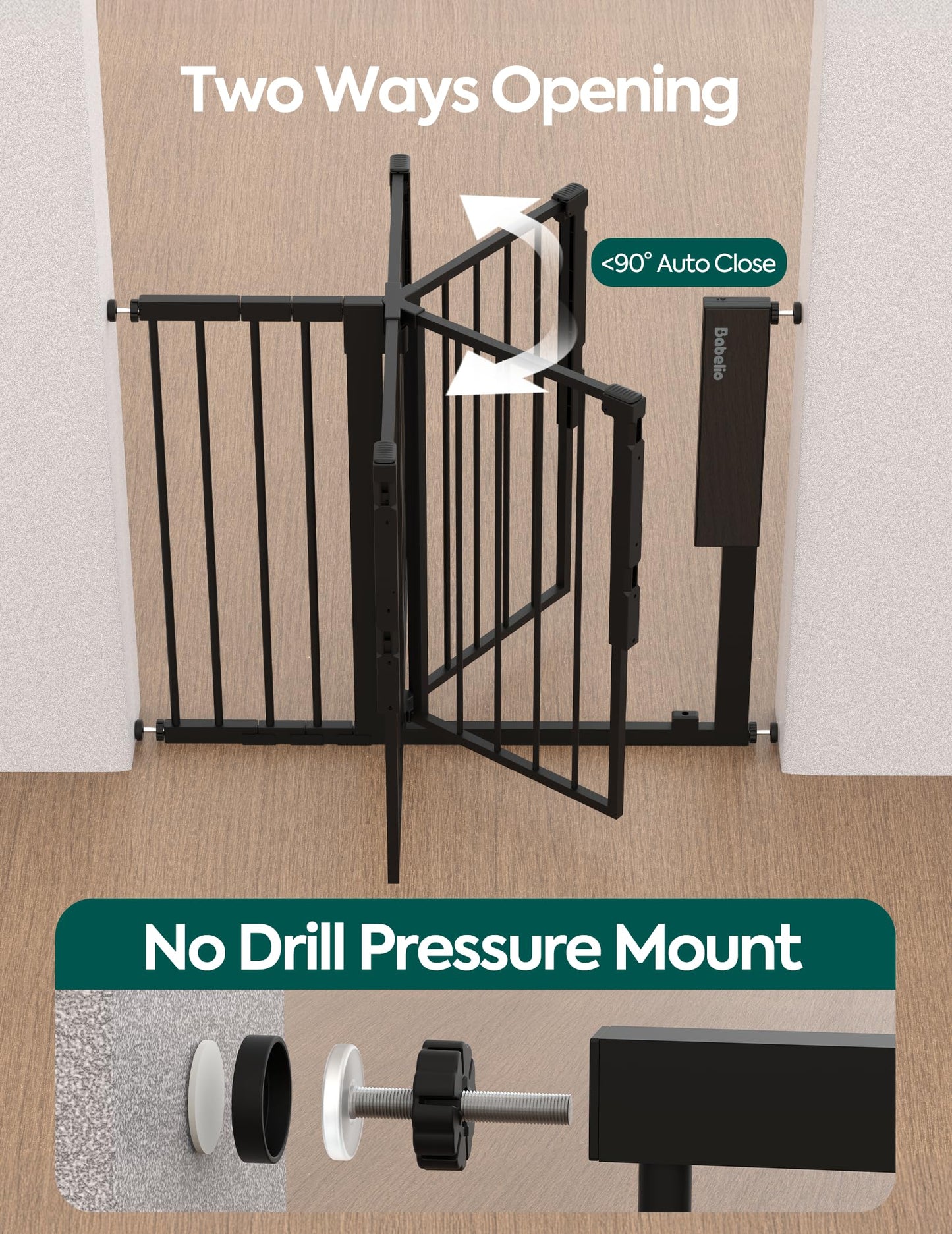Babelio Smart Baby Gate with Auto-Unlock/Close, Pressure Mounted No Drill for Doorways/Top of Stairs. Pet/Dog Door Wide Walk Thru w/Infrared Sensor & Safety Alert (Black, 26.3-37.8" W, 30" H)