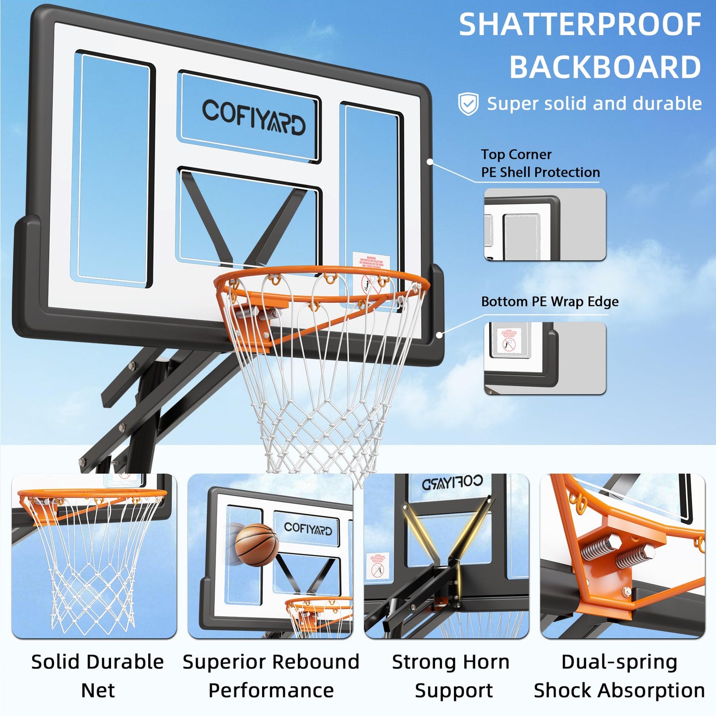 Cofiyard Basketball Hoop Outdoor with 44&48&54In Shatterproof Backboard, 5.25-10FT Height Portable Basketball Hoop with Sandbag, Adjustable Basketball Goal System