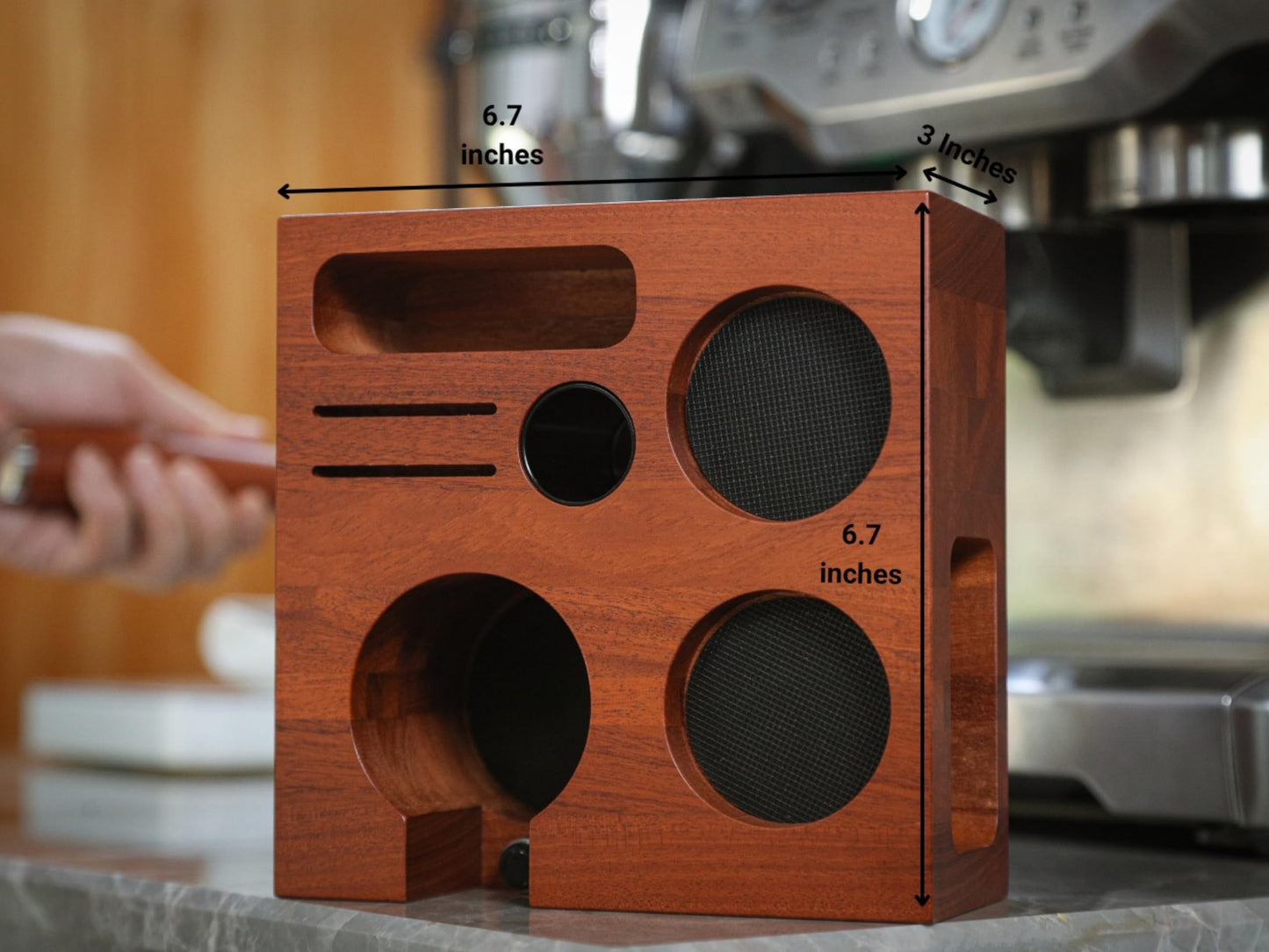 KNODOS 58mm Gaggia Espresso Accessories Kit –Rosewood Naked Portafilter, Auto-Level Espresso Press, Ground Distribution Tool, Wooden Barista Holder & Coffee Puck Knock Bin
