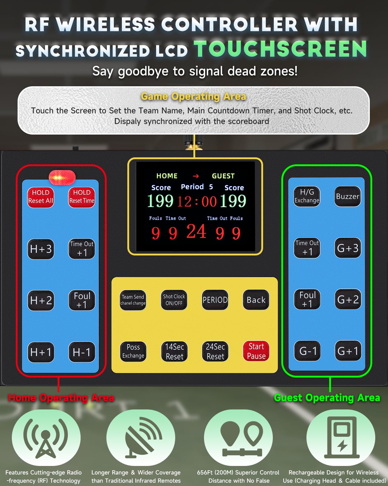 Matrix Display Large Electronic Scoreboard with Wireless LCD Touchscreen RF Controller - 26.4x20.5" Big Matrix Display, 100Ft Visibility, DC Battery, Flexible Control for Indoor/Outdoor Sports Games