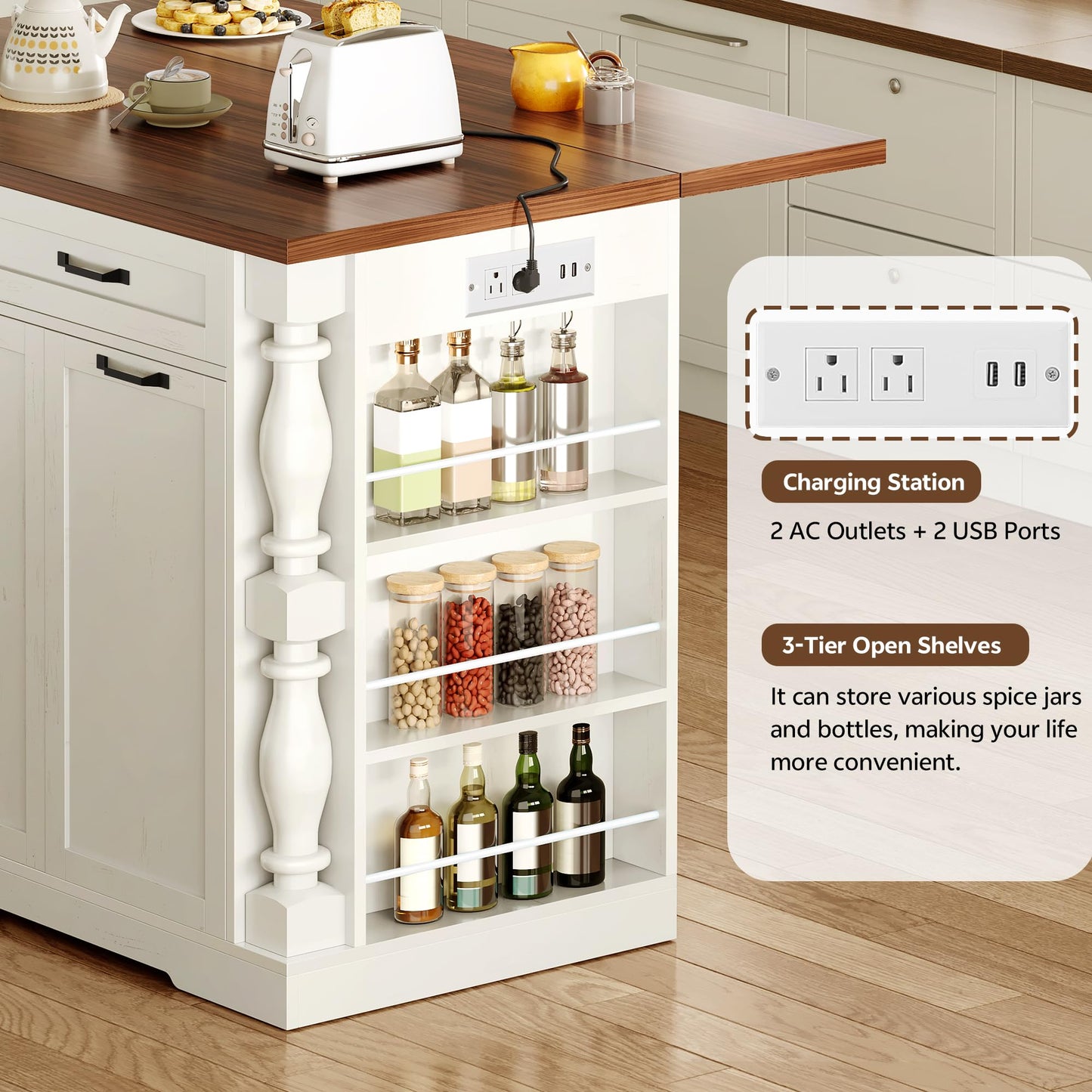 Homiflex Kitchen Island with Power Outlet & Trash Cabinet, 47.6" Roman Style Rolling Kitchen Island with Drop Leaf Tabletop 11.8", Kitchen Cart with Spice Rack & Drawers & Cabinets Coffee Bar Station
