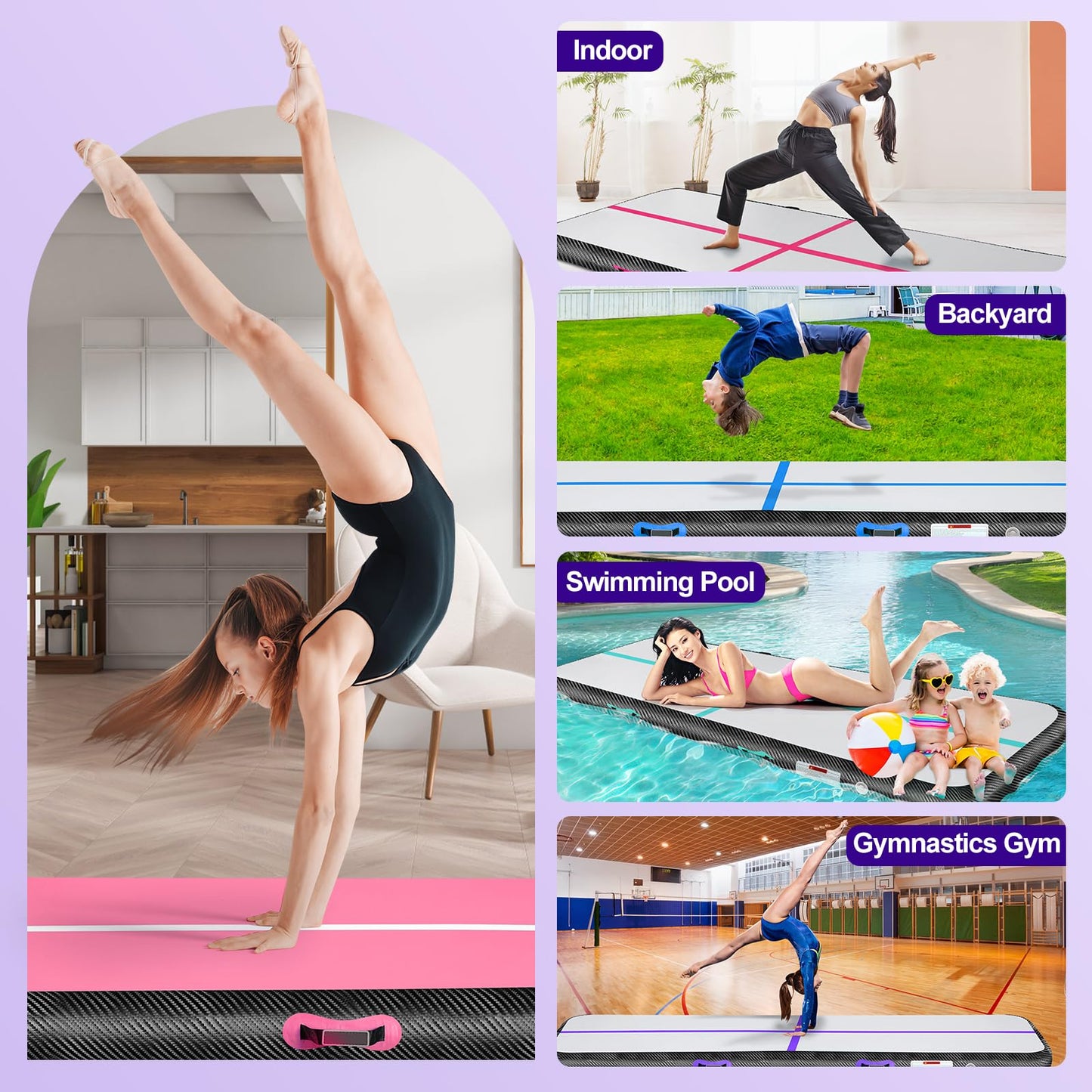 Inflatable Gymnastics Mat 10ft/13ft/16ft/20ft/ Air Tumbling Track Mats 4/8 inches Thick for Home Use/Training/Cheerleading/Yoga/Water with Pump 10ft x 3.3ft x 4inch Purple Black