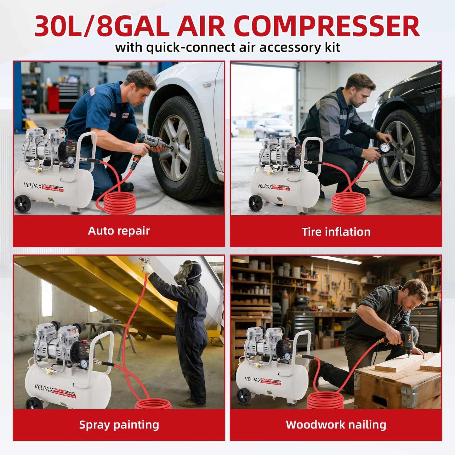 Ultra Quiet Air Compressor, Only 68dB, 8 Gallon Tank, Oil-Free, 110V/60Hz 1.75HP, 7.42CFM@115PSI, Air Compressor Perfect for Spray Painting, Auto Repair, Tire inflation, Woodwork nailing