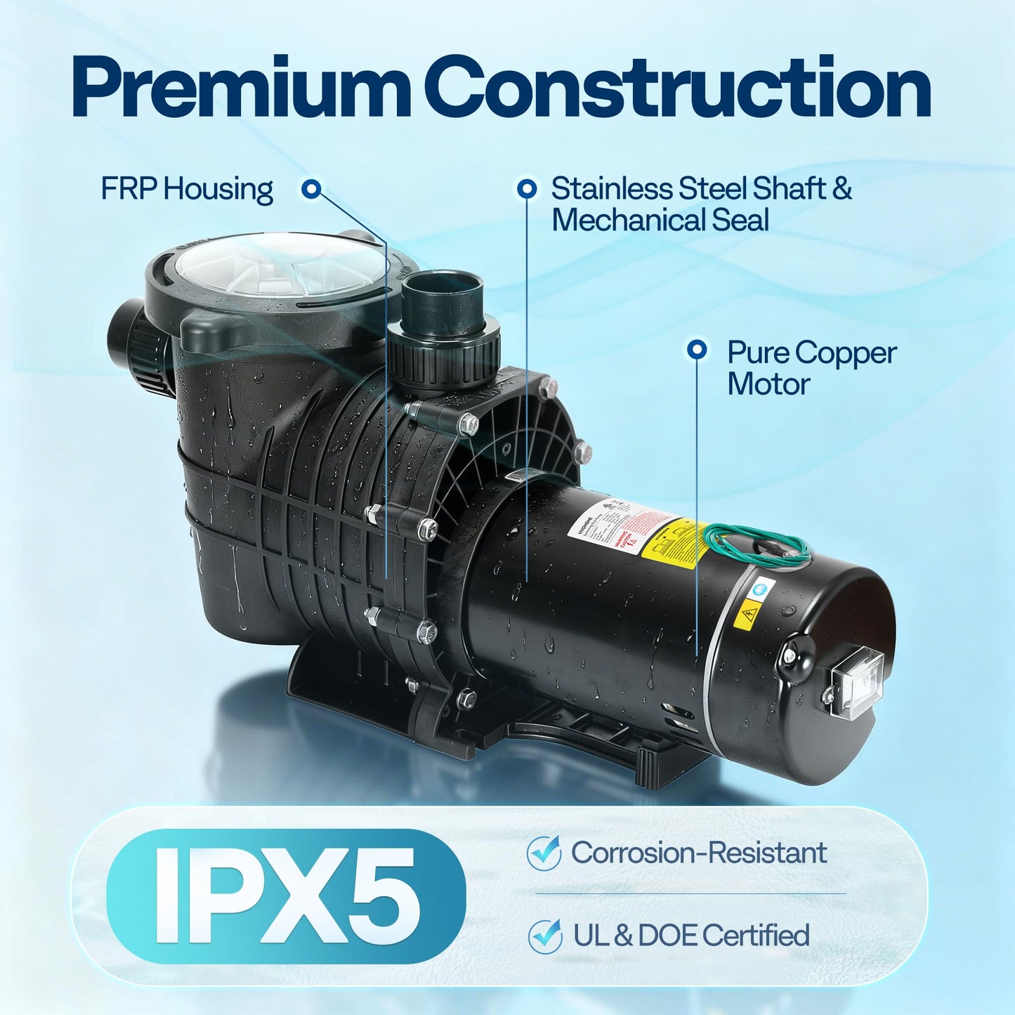 VIVOHOME 2.0HP Pool Pump - 115V/230V Self-Priming Motor - In/Above Ground - 6800GPH Energy Efficient - 1.5", 2", and 1.25"-1.5" Connectors w/Strainer Basket
