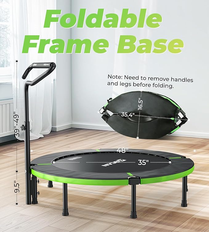BCAN 40"/48" Foldable Mini Trampoline, Rebounder Trampoline for Adults, U/T Adjustable Foam Handle, Exercise Rebounder for Adults Indoor/Garden Workout, Max Load 330lbs/440lbs