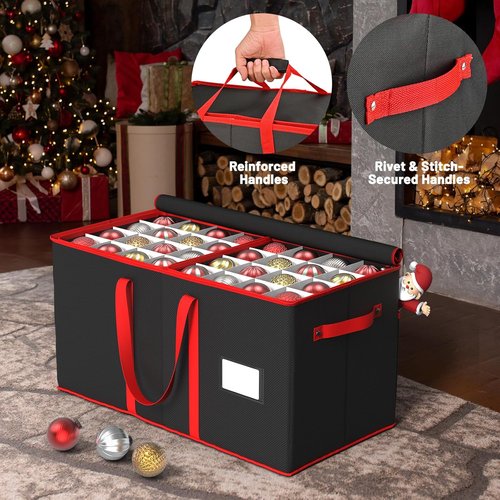Kesfitt Christmas Ornament Storage Box - Large Organizer with 8 Trays & Dividers for 128 Ornaments | Black