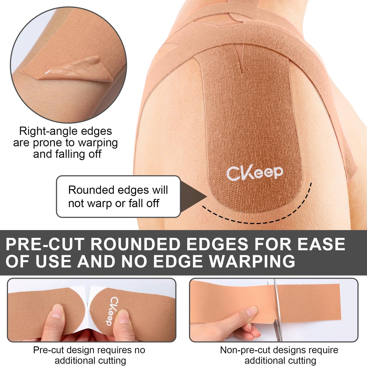 CKeep Kinesiology Tape, 2 Rolls Cotton Latex Free Hypoallergenic Elastic Precut Strips, 2 Inch Wide Waterproof Athletic Tape for Knees Pain Injuries Sprains, Beige