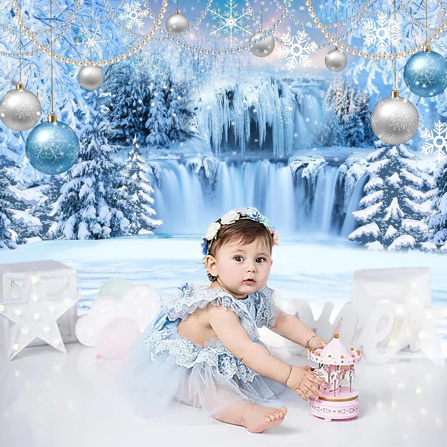 DUAIAI Frozen Winter Christmas Backdrop, Birthday Party Decorations Crystal Pendant Ice and Snow White World Wonderland