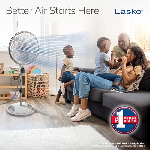 Lasko 16-Inch Oscillating Pedestal Stand Fan - Adjustable Height, Timer & Remote Control | White