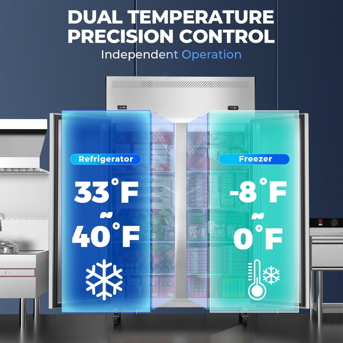 Ferueo Commercial Refrigerator and Freezer Combo, 48" W 2 Door Dual Temperature Zones Freezers, 39 Cu.ft Commercial Refrigerators with 8 Adjustable Shelves for Restaurant Shop Bar